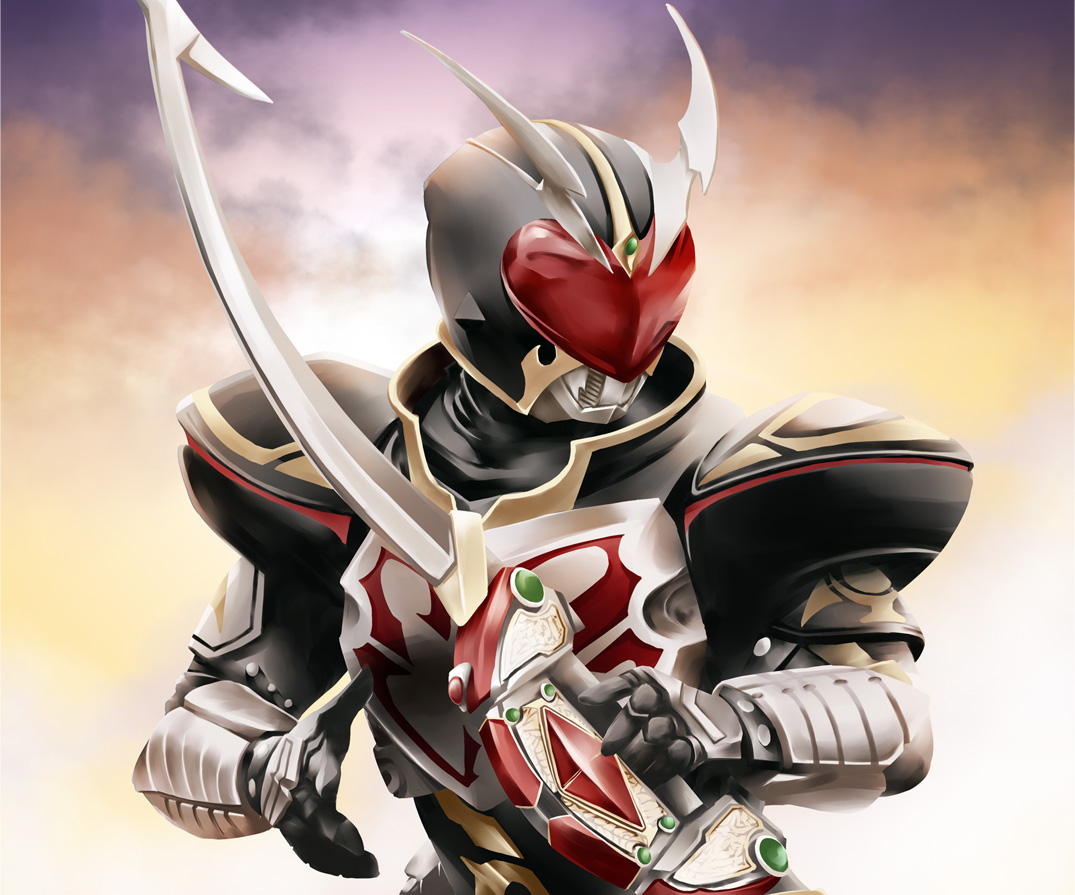 hitomi2230, kamen rider chalice, kamen rider, kamen rider blade (series), 1boy, bow (weapon), goggles, helmet, holding, holding sword, holding weapon, looking to the side, male focus, shoulder pads, solo, sword, upper body, weapon