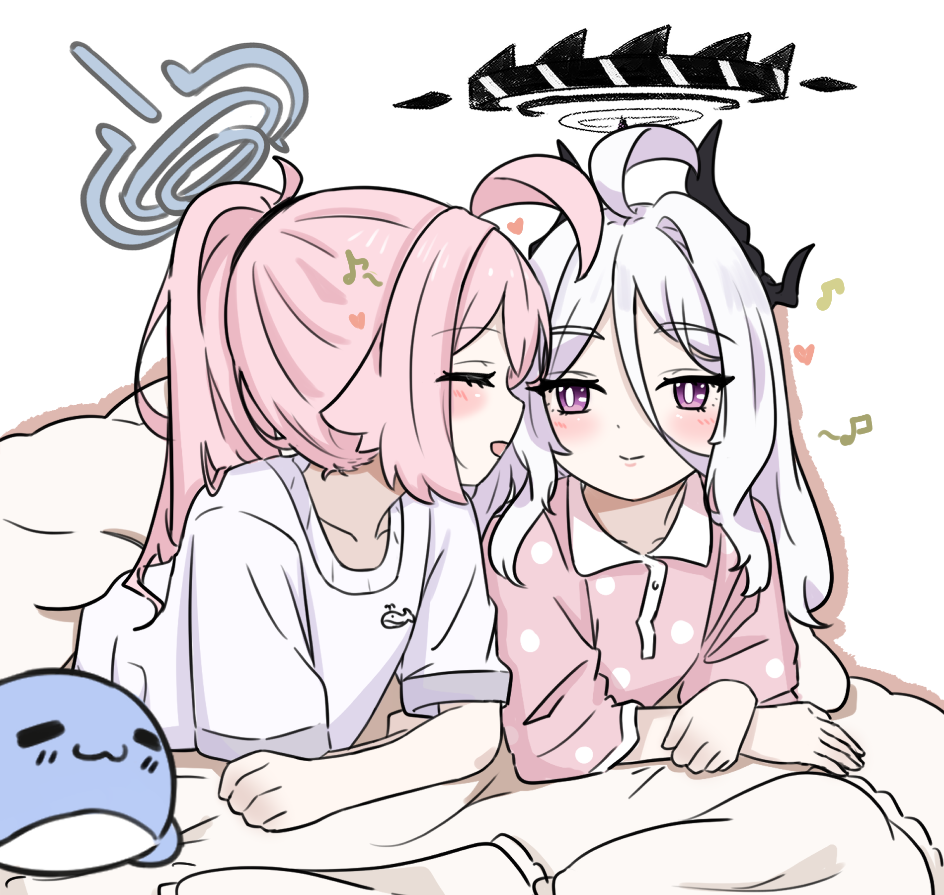 e v e neko, hina (blue archive), hoshino (blue archive), blue archive, commentary request, highres, 2girls, ahoge, closed eyes, halo, horns, long hair, multiple girls, musical note, pajamas, pink hair, ponytail, purple eyes, shirt, white hair, yuri