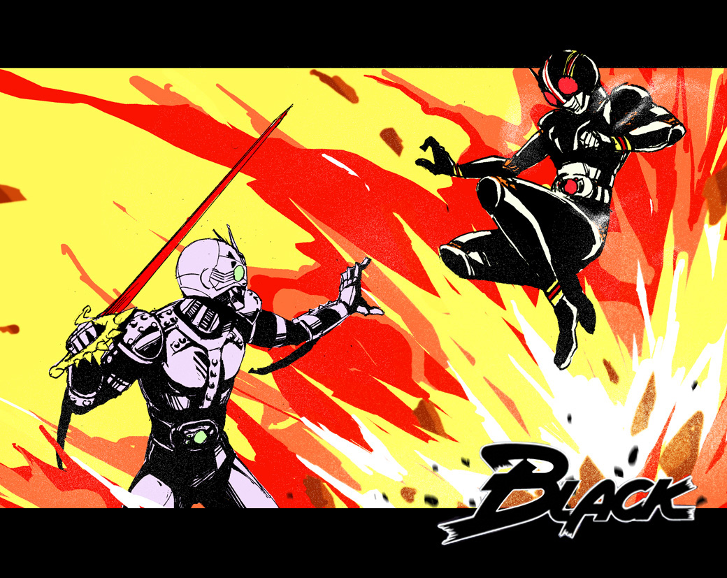 chu-song, kamen rider black, shadow moon, kamen rider, kamen rider black (series), 2boys, antennae, battle, belt, copyright logo, explosion, letterboxed, logo, multiple boys, sword, weapon