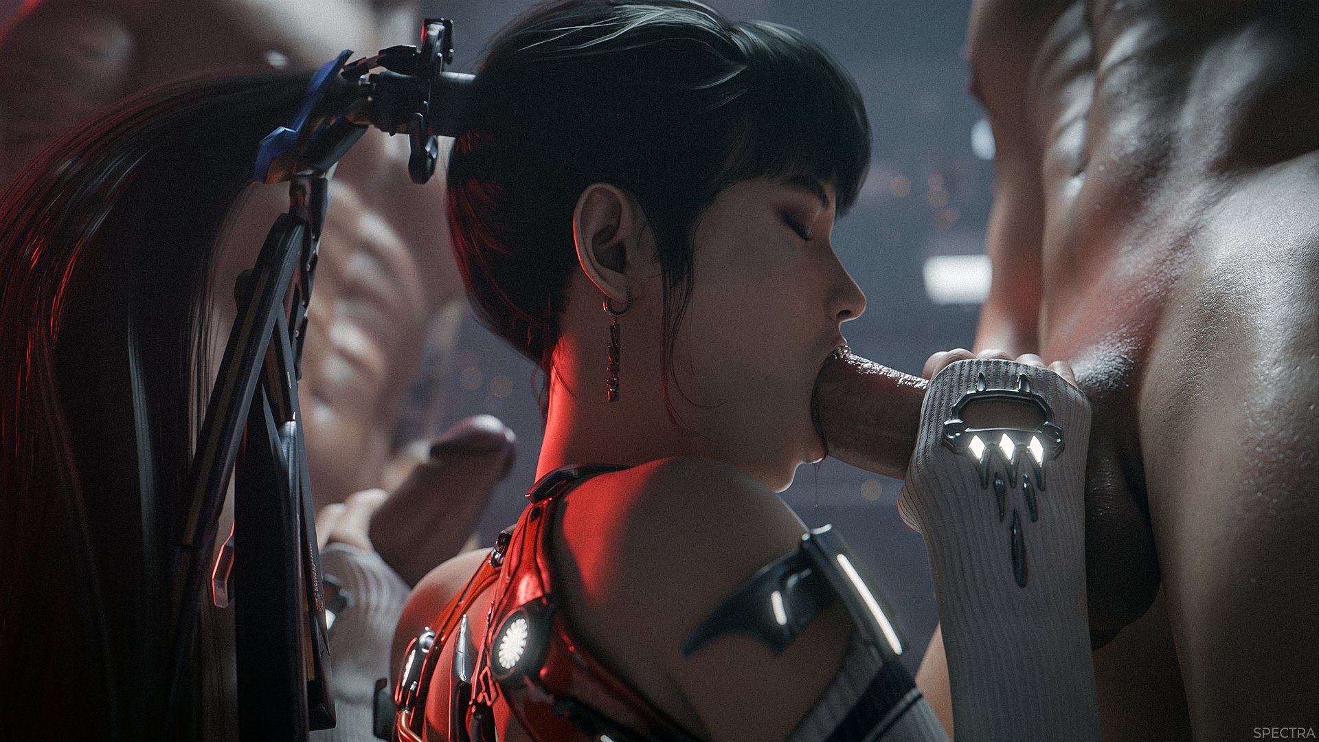 spectra 3d, eve (stellar blade), stellar blade, blender (medium), commentary, english commentary, highres, 1girl, 2boys, 3d, abs, black hair, closed eyes, detached sleeves, earrings, erection, fellatio, ffm threesome, group sex, hair ornament, handjob, jewelry, long hair, multiple boys, muscular, muscular male, oral, penis, ponytail, threesome