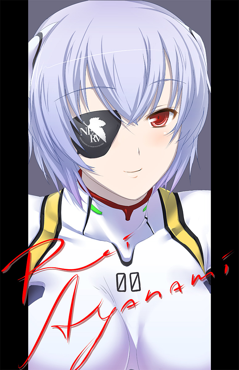 47agdragon, ayanami rei, neon genesis evangelion, highres, blue hair, eyepatch, mecha pilot suit, plugsuit (evangelion), portrait, red eyes, short hair, smile, solo