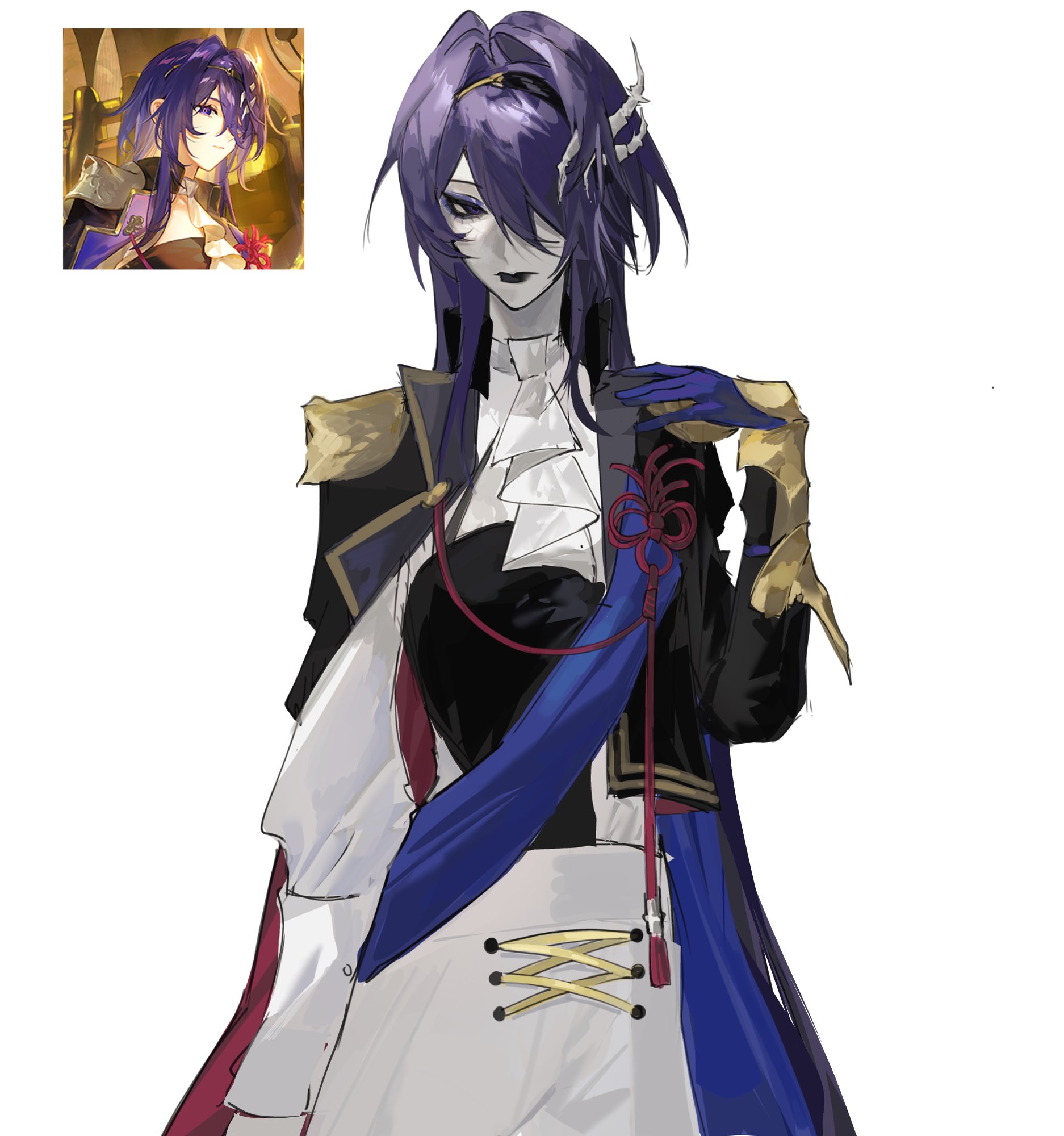 kirypuff, acheron (honkai: star rail), honkai: star rail, honkai (series), commentary, derivative work, english commentary, highres, 1girl, alternate costume, ascot, asymmetrical sleeves, coat, collar, criss-cross strings, gloves, hair ornament, hair over one eye, long hair, purple hair, ribbon, very long hair