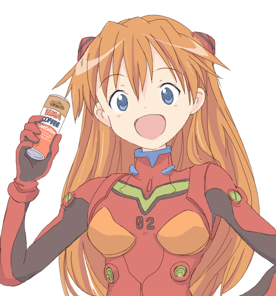 core (mayomayo), souryuu asuka langley, neon genesis evangelion, ucc coffee, bad id, bad pixiv id, 1girl, can, coffee, female focus, mecha pilot suit, plugsuit (evangelion), simple background, solo, white background