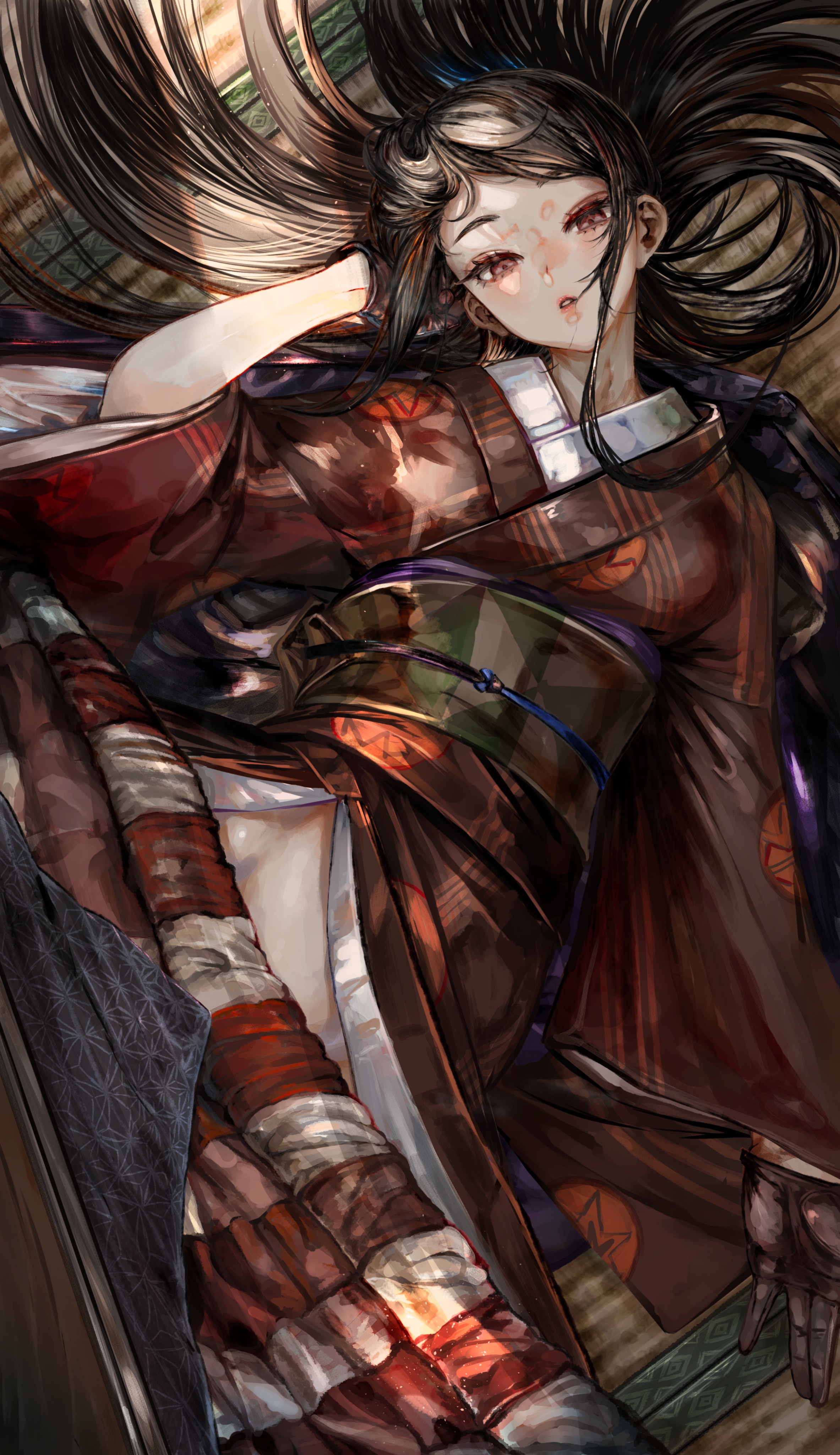 soleil (soleilmtfbwy03), original, absurdres, commentary request, highres, 1girl, black gloves, black hair, from above, gloves, green sash, japanese clothes, kimono, kotatsu, long hair, looking at viewer, lying, midriff peek, obi, on back, on floor, red kimono, sash, solo, table, under kotatsu, under table