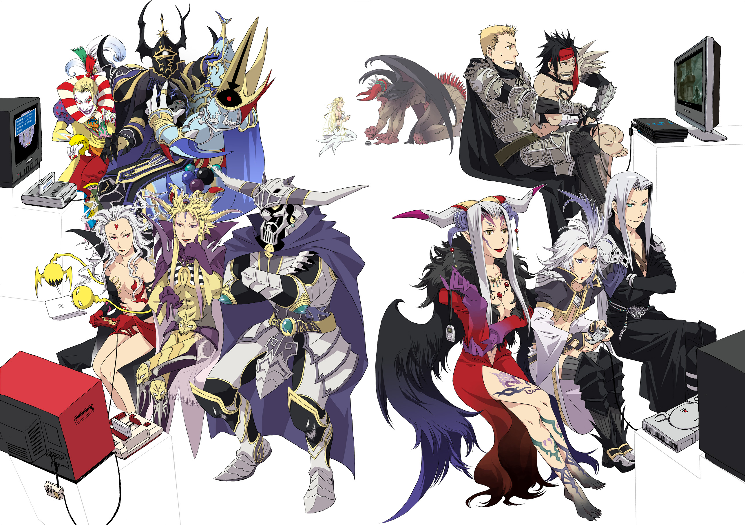 arita youko, cefca palazzo, chaos (dff), cloud of darkness, cosmos (dff), emperor (ff2), emperor mateus, exdeath, gabranth, gabranth (ff12), garland (ff1), golbez, jecht, kuja, sephiroth, ultimecia, dissidia final fantasy, final fantasy, final fantasy i, final fantasy ii, final fantasy iii, final fantasy iv, final fantasy ix, final fantasy v, final fantasy vi, final fantasy vii, final fantasy viii, final fantasy x, final fantasy xi, final fantasy xii, nes, super famicom, 1980s (style), highres, spoilers, 00s, 1990s (style), 3girls, armor, barefoot, blonde hair, brown hair, cape, clown, crossed arms, dress, everyone, extra arms, famicom, feet, game console, handheld game console, headband, helmet, horns, in-franchise crossover, multi limb, multiple girls, nail polish, nintendo ds, oldschool, playing games, playstation 1, playstation 2, playstation portable, pocketstation, prostration, retro artstyle, rogues gallery, smile, snake, super nintendo, tarutaru, tattoo, television, video game, white hair, wings