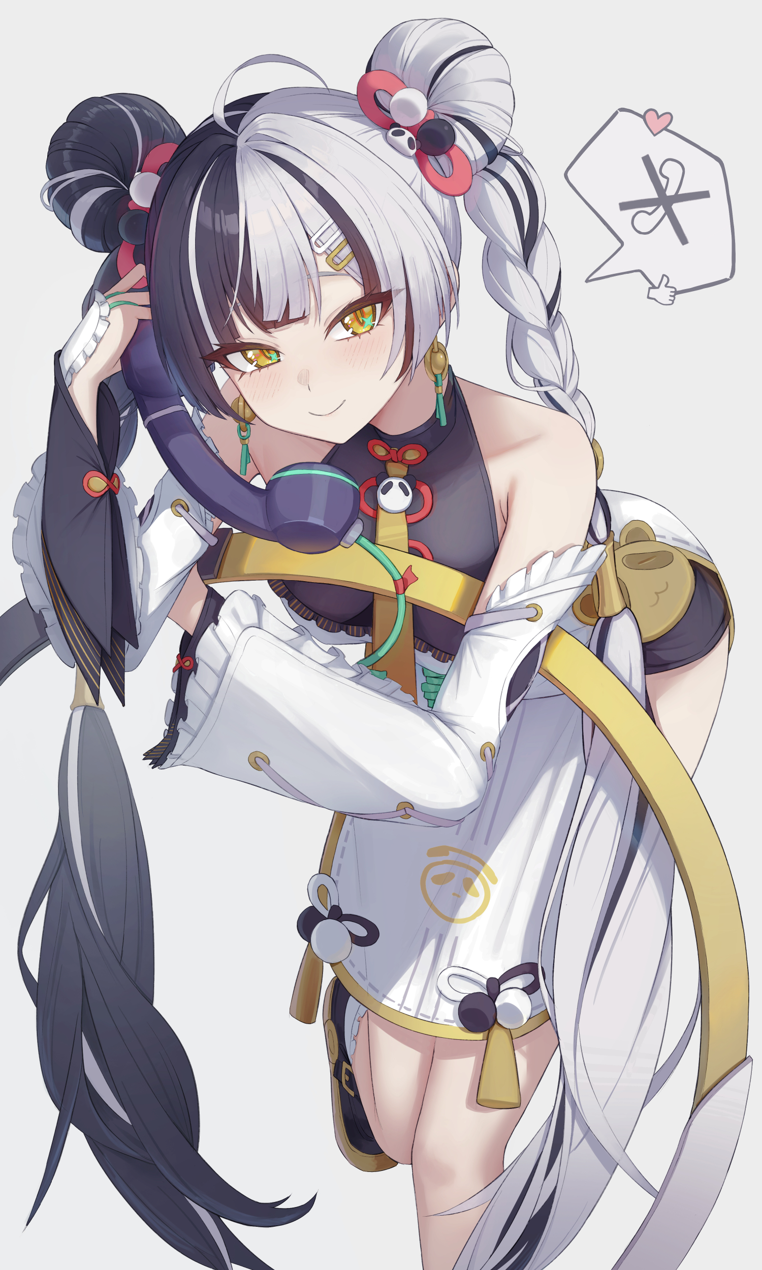 icetea art, dialyn (zenless zone zero), zenless zone zero, absurdres, commentary request, highres, 1girl, ahoge, animal print, bare shoulders, bear print, black hair, braid, braided twintails, chakram, china dress, chinese clothes, closed mouth, collarbone, corded phone, cowboy shot, detached sleeves, double bun, dress, earrings, hair bun, hair extensions, hair intakes, hair ornament, holding, holding phone, jewelry, leaning on weapon, long hair, multicolored hair, necktie, panda hair ornament, panda print, pelvic curtain, phone, ring hair extensions, simple background, smile, solo, split-color hair, spoken object, standing, standing on one leg, weapon, white background, white dress, white hair, wire, yellow eyes, yellow necktie
