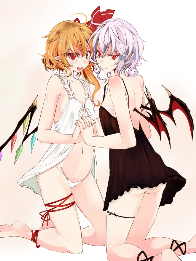 takaharu, flandre scarlet, remilia scarlet, touhou, bad id, bad pixiv id, 2girls, anklet, ass, babydoll, barefoot, bat wings, blonde hair, bottomless, camisole, fang, female focus, holding hands, jewelry, kneeling, leg ribbon, multiple girls, naughty face, navel, nightgown, panties, red eyes, ribbon, short hair, siblings, sisters, thigh ribbon, underwear, white hair, white panties, wings