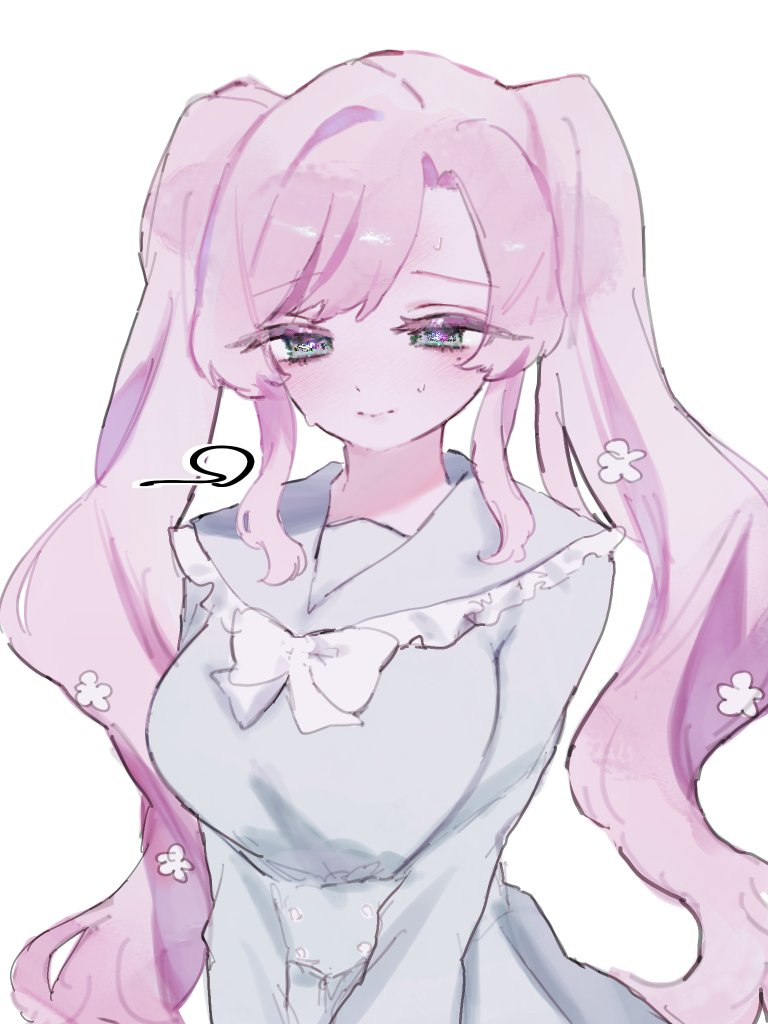 hanazono hahari, kimi no koto ga dai dai dai dai daisuki na 100-nin no kanojo, commentary, 1girl, aged down, bow, breasts, dress, flower, frilled sailor collar, frills, green eyes, grey dress, hair flower, hair ornament, large breasts, long hair, long sleeves, pink hair, sailor collar, sailor dress, simple background, smile, solo, twintails, urouro u ron, v arms, very long hair, wavy hair, white background, white bow