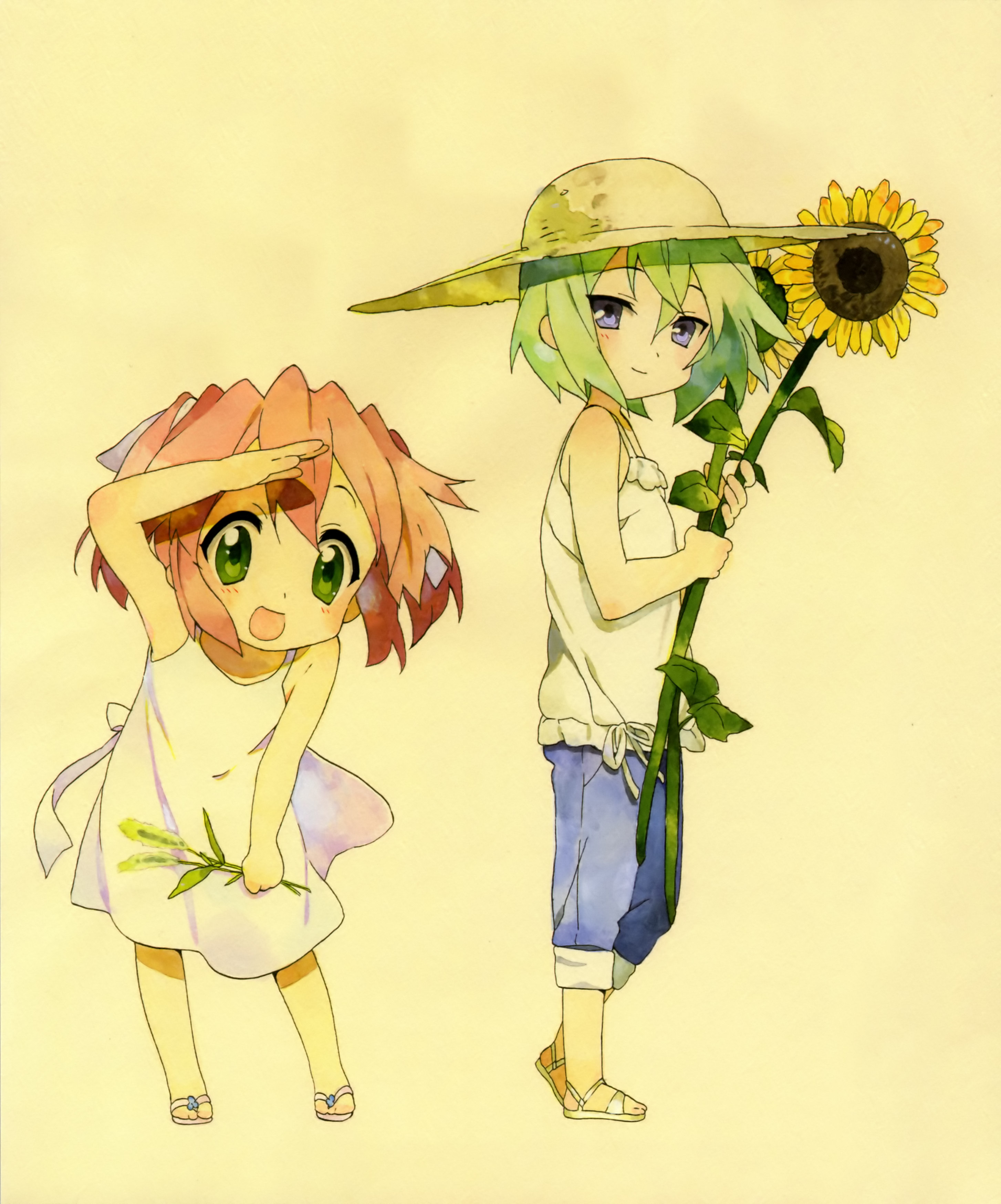 iwasaki minami, kobayakawa yutaka, lucky star, absurdres, highres, 00s, 2girls, alternate costume, blue eyes, flip-flops, flower, green eyes, green hair, hat, multiple girls, pink hair, sandals, shoes, short hair, smile, sunflower