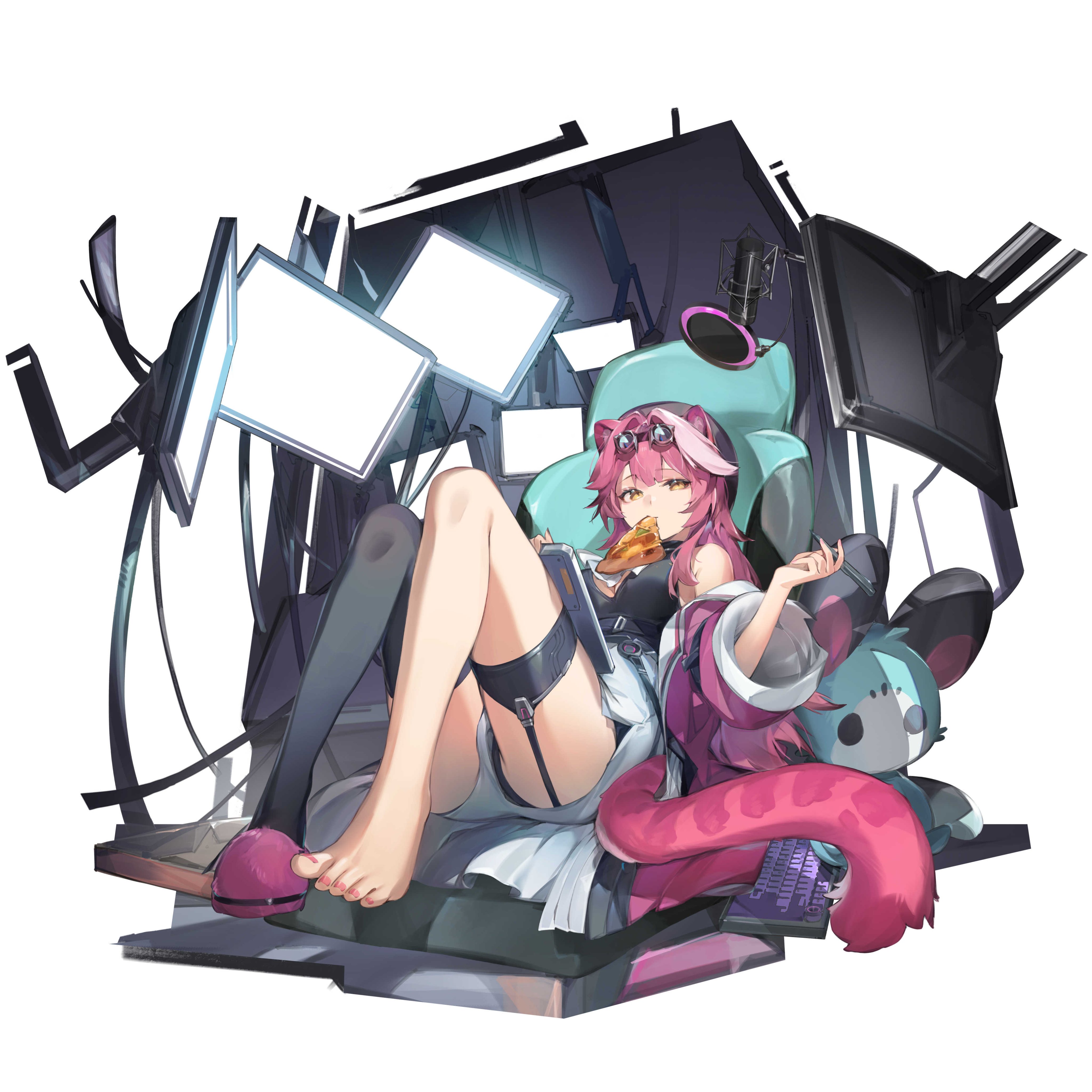 newbie (newbie 132), chattino (raora panthera), raora panthera, raora panthera (1st costume), hololive, hololive english, absurdres, commentary, highres, 1girl, animal ears, beret, black hat, black panties, black shirt, black thighhighs, breasts, center-flap bangs, chair, computer keyboard, double-parted bangs, extra ears, full body, goggles, goggles on head, hat, high-waist shorts, jacket, knees up, large breasts, long hair, looking at viewer, medium breasts, microphone, monitor, mouth hold, multicolored hair, on chair, panther ears, panther girl, panther tail, panties, panty peek, pink hair, pink jacket, pink slippers, shirt, shorts, sidelocks, single bare foot, single slipper, single thighhigh, sitting, sleeveless, sleeveless shirt, slippers, solo, streaked hair, tail, thigh strap, thighhighs, toes, underwear, very long hair, virtual youtuber, white hair, white shorts, yellow eyes