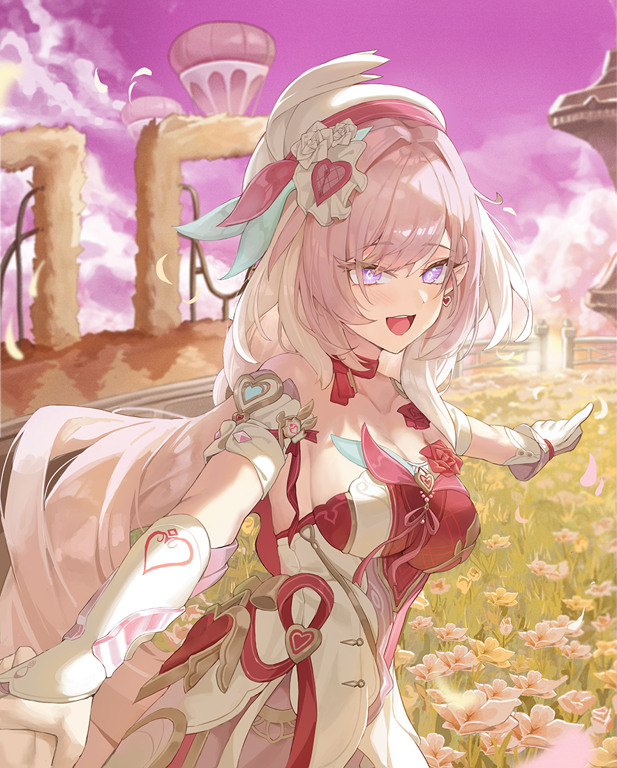 krux (k krux), elysia (hi love elf) (honkai impact), elysia (honkai impact), honkai (series), honkai impact 3rd, commentary, 1girl, 1other, bare shoulders, beret, breasts, collarbone, diamond-shaped pupils, diamond (shape), dress, earrings, gloves, hair intakes, hair ornament, hat, heart, heart earrings, heart hair ornament, jewelry, large breasts, long hair, looking at viewer, open mouth, outdoors, pink hair, pink sky, pointy ears, pov, pov hands, purple eyes, sky, smile, symbol-shaped pupils, very long hair, white dress, white gloves, white hat
