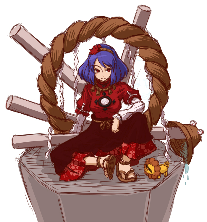 kingin, pon de lion, pyonta, yasaka kanako, mister donut, touhou, 1girl, blue hair, censored, censored identity, female focus, hair ornament, hairband, hat, leaf, leaf hair ornament, lion, onbashira, purple hair, red eyes, rope, shimenawa, short hair, sitting, sketch, solo
