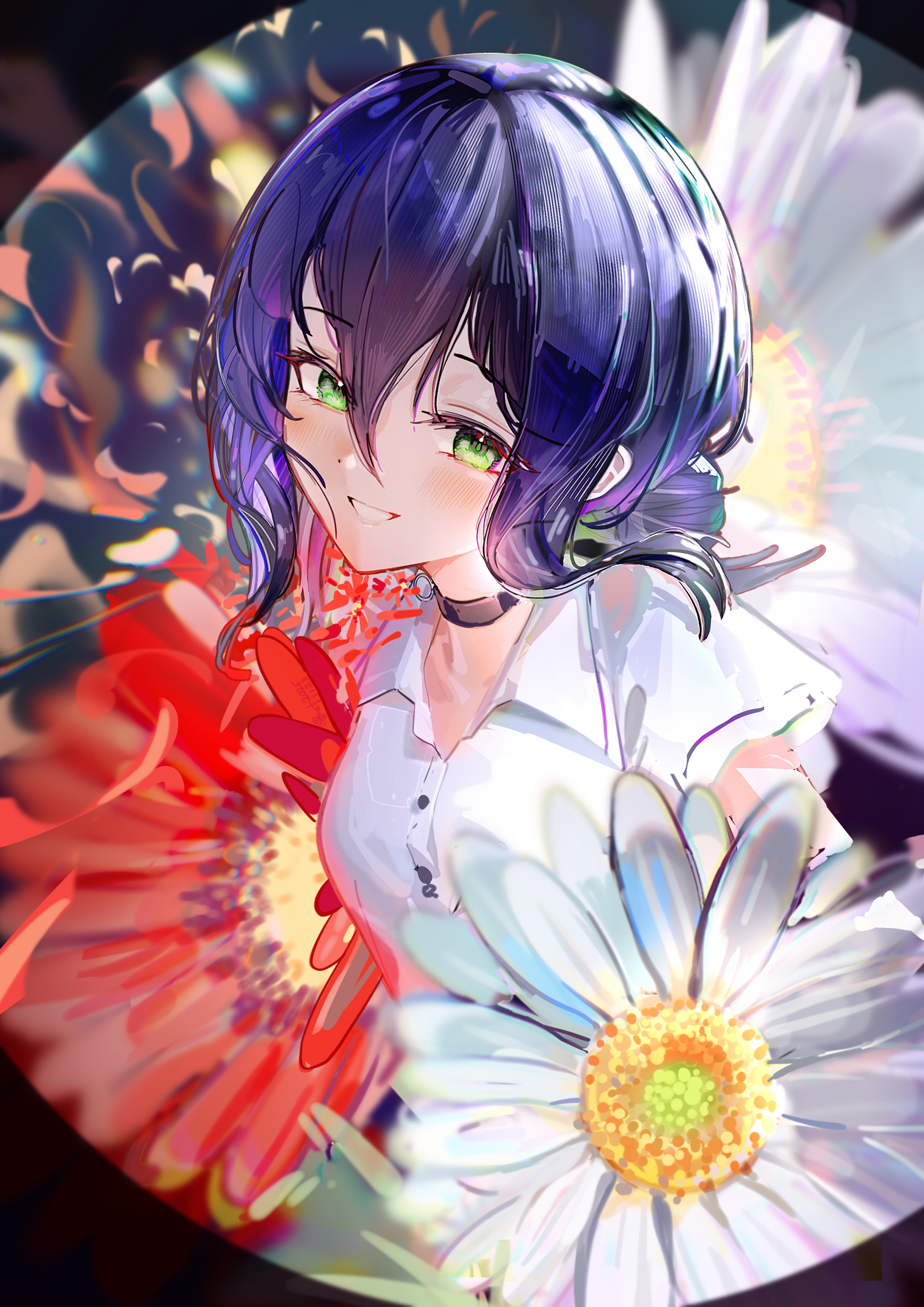 andersonalac, reze (chainsaw man), chainsaw man, absurdres, chinese commentary, commentary request, highres, 1girl, black choker, blue hair, blush, choker, dress shirt, flower, green eyes, hair between eyes, long hair between eyes, looking at viewer, open mouth, shirt, short sleeves, solo, white shirt