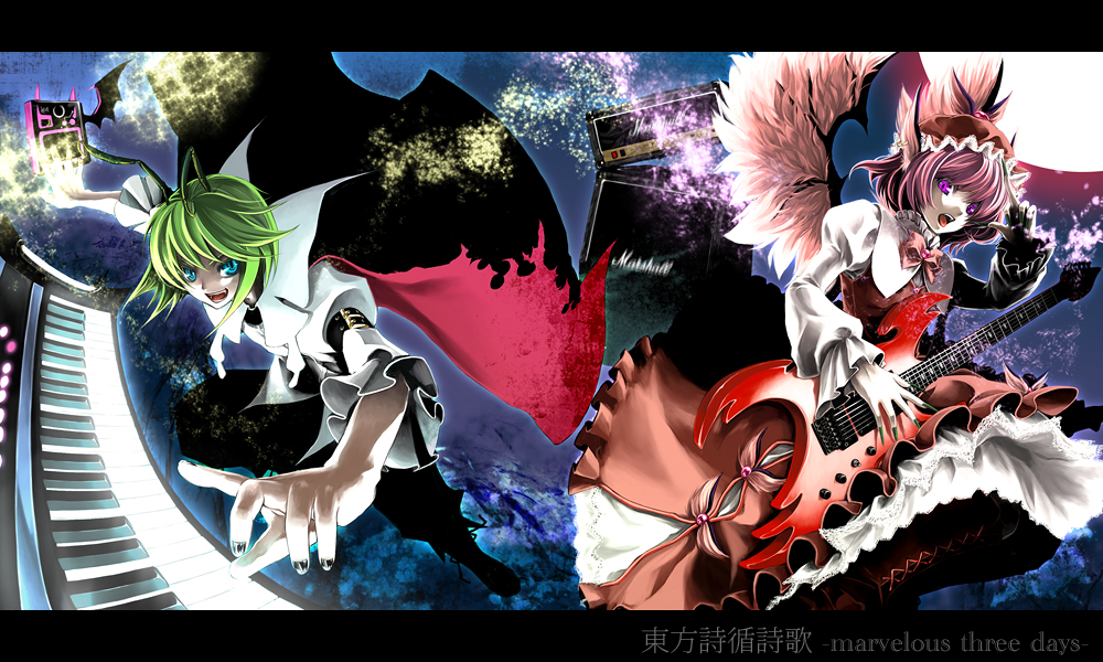 mochinue, mystia lorelei, wriggle nightbug, touhou, 2girls, antennae, female focus, guitar, instrument, keyboard (instrument), letterboxed, middle finger, multiple girls, speaker, wings