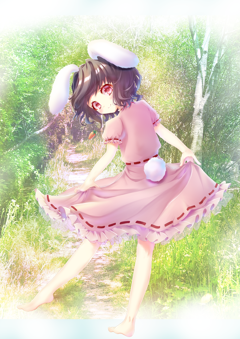 miki-cacao, inaba tewi, touhou, commentary, highres, 1girl, animal ears, bare arms, bare legs, barefoot, black hair, blush, carrot necklace, dress, frilled sleeves, frills, jewelry, looking at viewer, looking back, lop rabbit ears, necklace, outdoors, photo background, pink dress, rabbit ears, rabbit girl, rabbit tail, red eyes, short hair, short sleeves, skirt hold, smile, solo, tail