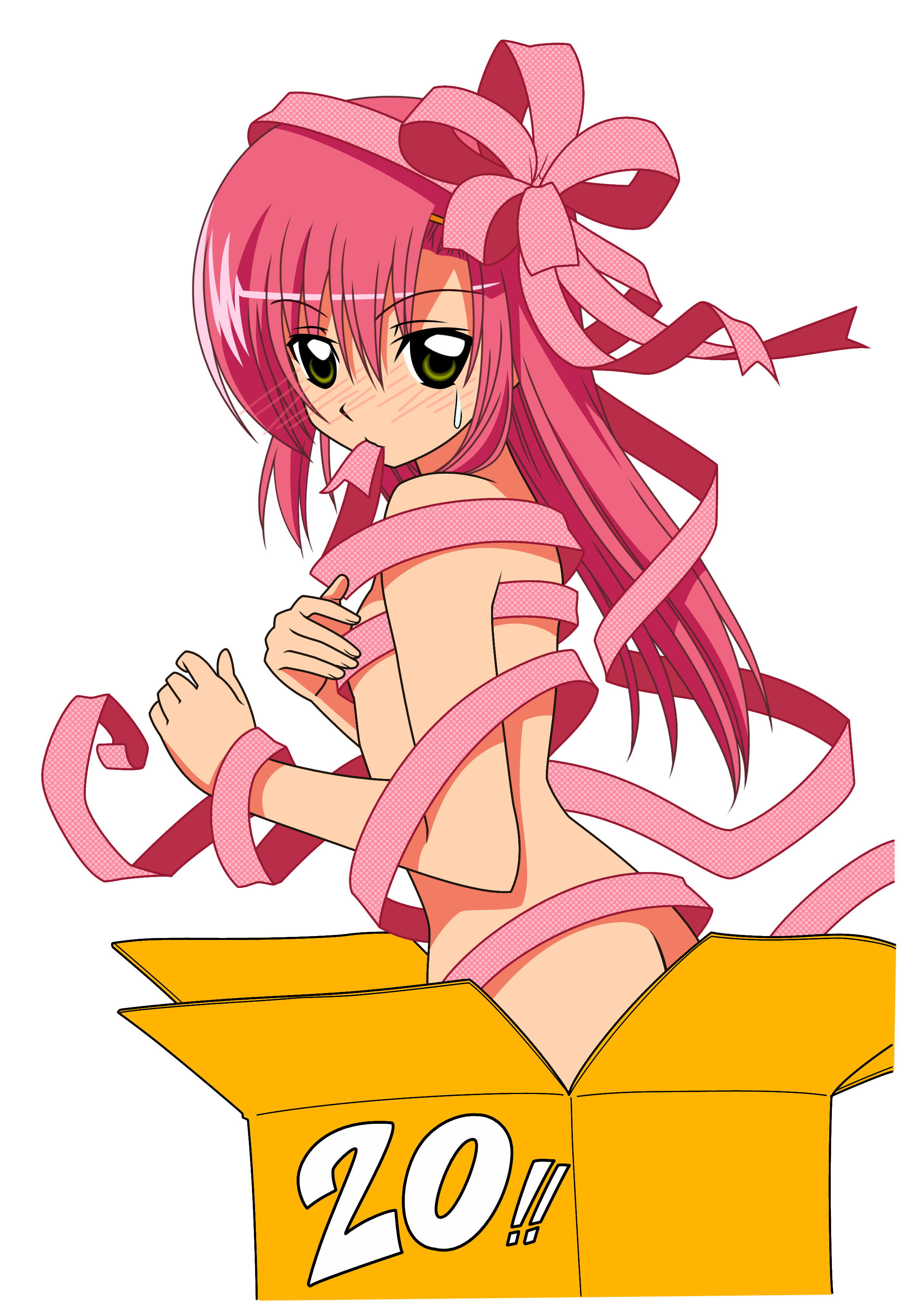 katsura hinagiku, hayate no gotoku!, absurdres, derivative work, highres, non-web source, vector trace, 00s, 1girl, blush, box, female focus, long hair, naked ribbon, nude, pink hair, ribbon, solo, transparent background