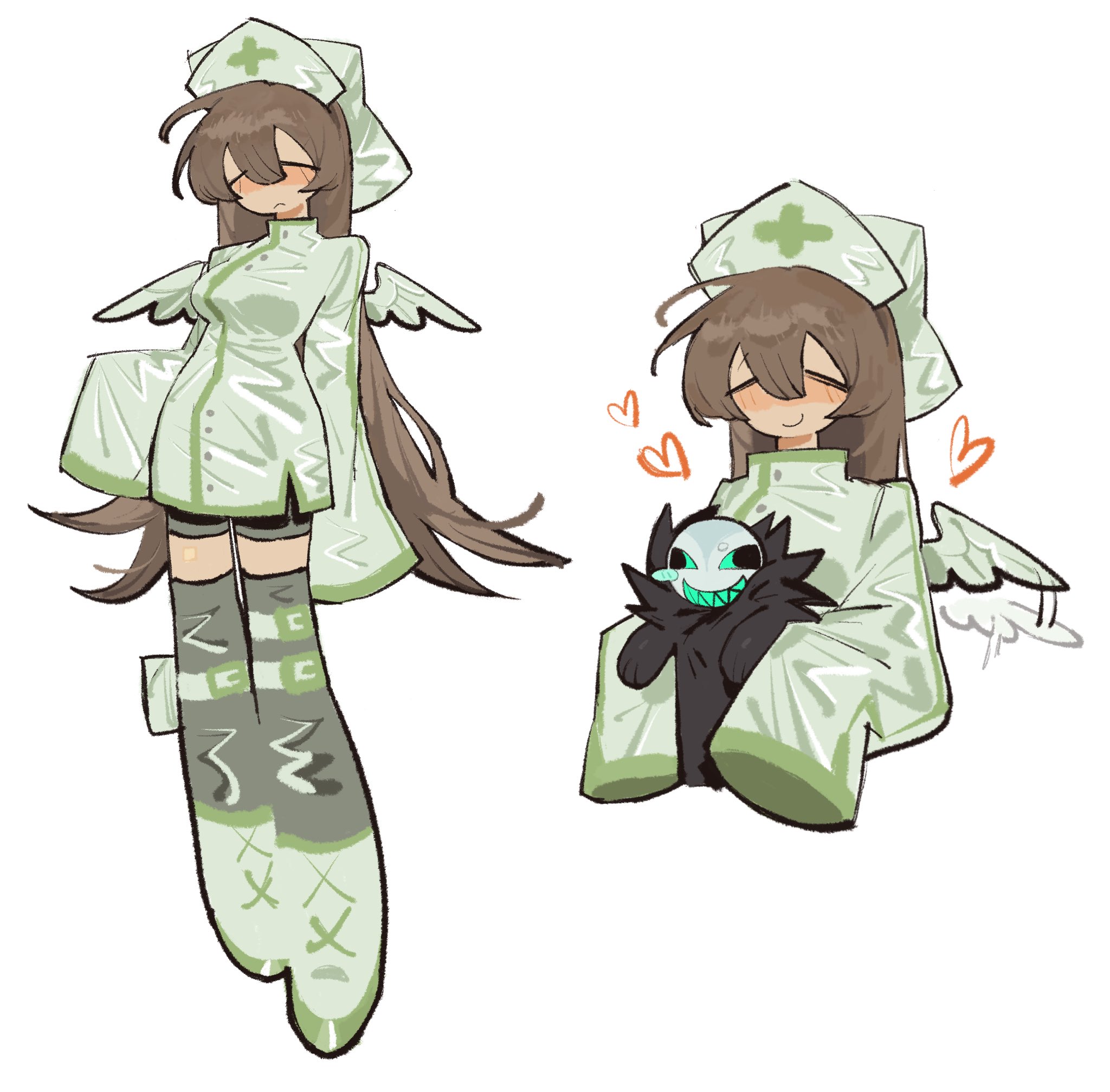 fish 193, roblox, hashtag-only commentary, highres, 1girl, angel wings, black shorts, black thighhighs, blush, boots, breasts, brown hair, caretaker (die of death), closed mouth, die of death, dress, hat, heart, long hair, medium breasts, multiple views, nurse, nurse cap, pursuer (die of death), shorts, simple background, sleeves past fingers, sleeves past wrists, smile, thighhighs, very long hair, white background, white boots, white dress, wing flapping, wings