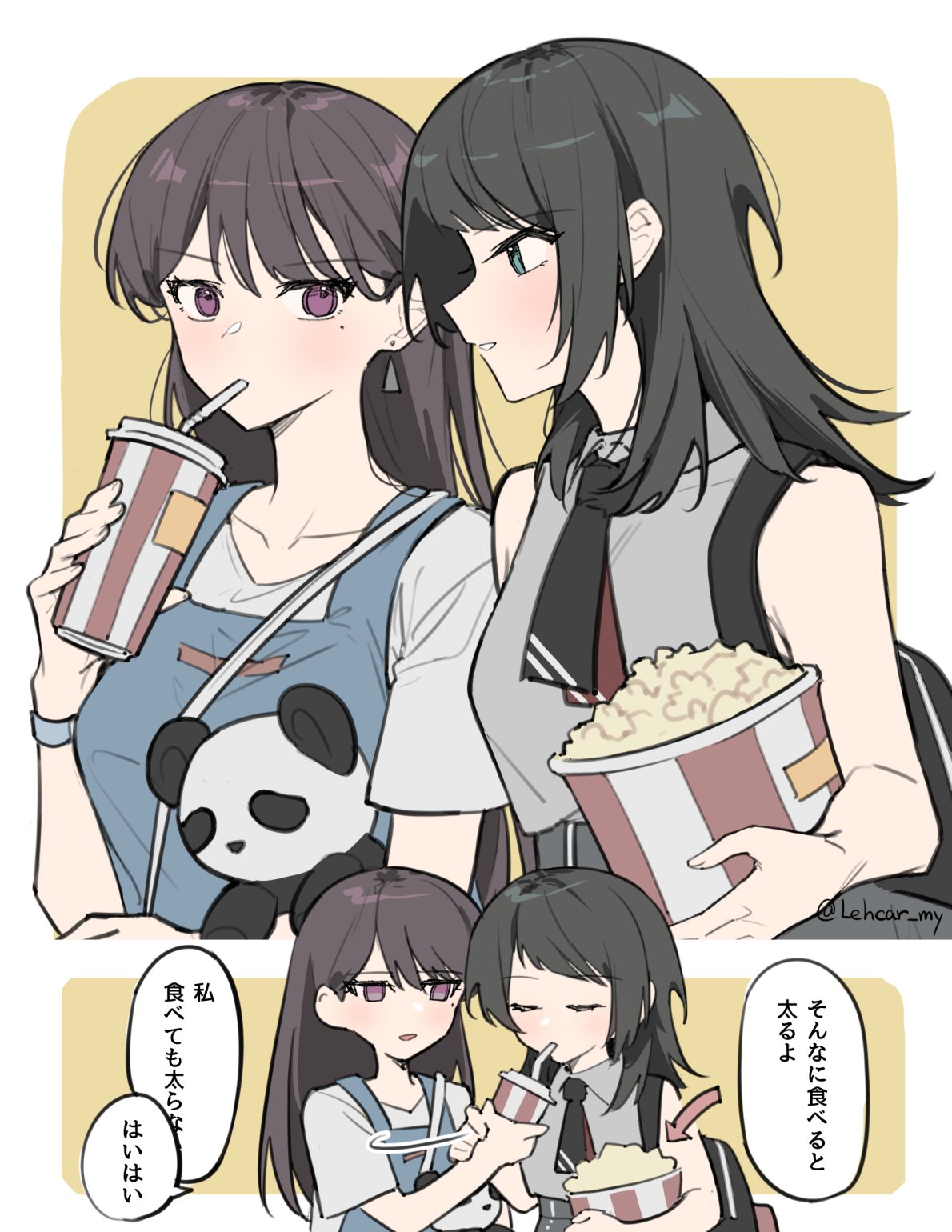 lehcar, shiina taki, yahata umiri, bang dream!, bang dream! it's mygo!!!!!, commentary, highres, 2girls, black hair, blue eyes, blue overalls, breasts, closed eyes, drinking straw, drinking straw in mouth, food, grey shirt, long hair, medium breasts, medium hair, multiple girls, overalls, popcorn, purple eyes, red eyes, shirt, sleeveless, sleeveless shirt, stuffed animal, stuffed panda, stuffed toy, white shirt