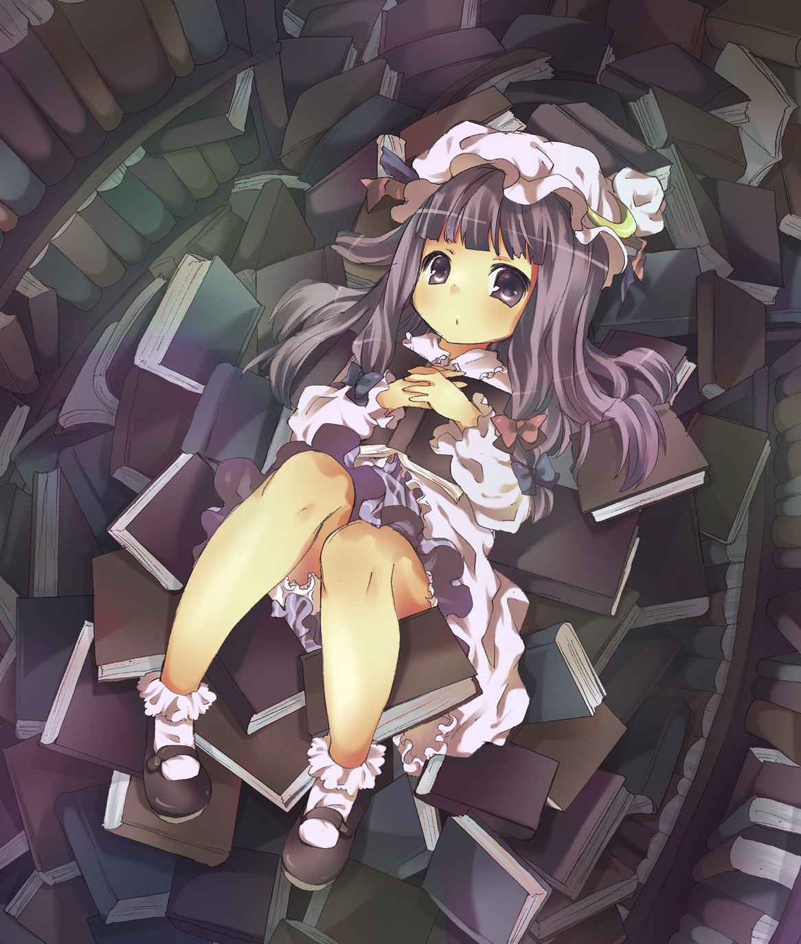 maki (natoriumu), patchouli knowledge, touhou, bad id, bad pixiv id, highres, 1girl, :o, bloomers, blunt bangs, bobby socks, book, book focus, bookshelf, bow, female focus, from above, hair bow, hat, long hair, looking at viewer, lying, mary janes, on back, open book, own hands together, pile of books, purple eyes, purple hair, shoes, socks, solo, too many, too many books, underwear