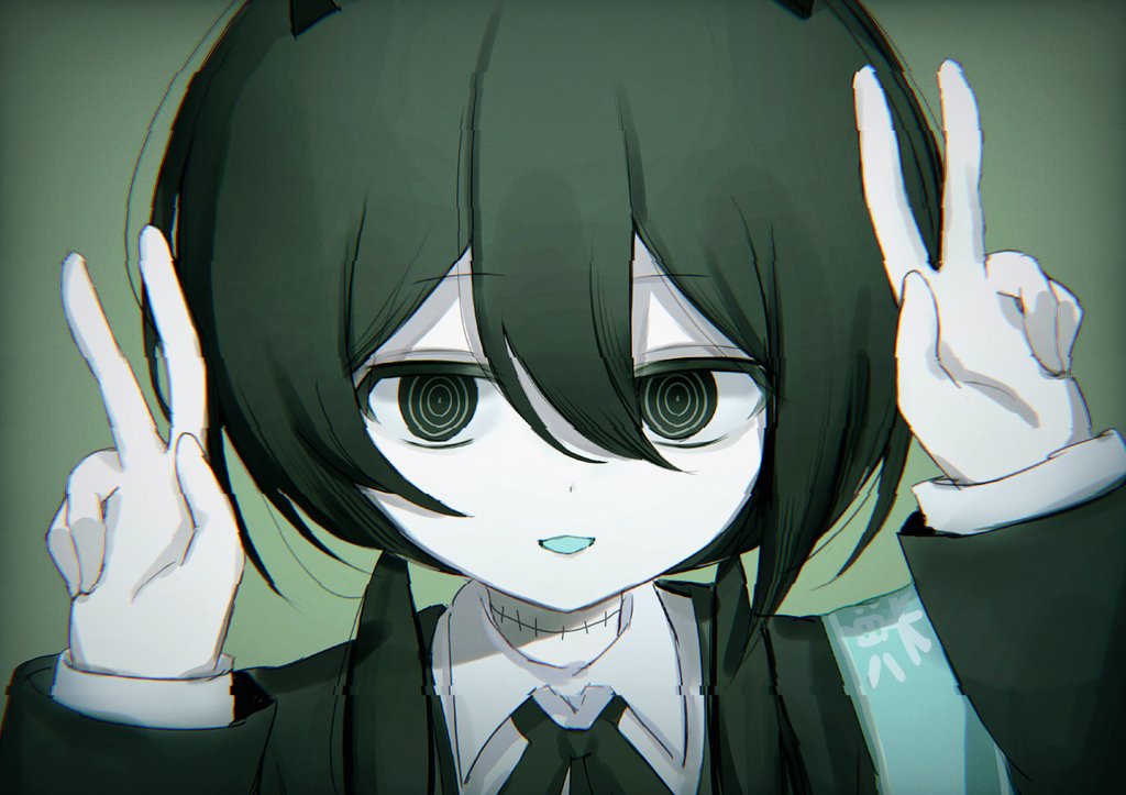 yamata ia, indie virtual youtuber, hashtag-only commentary, 1girl, aqua armband, aqua tongue, arazan (ara arazan24), armband, black eyes, black hair, black jacket, collared shirt, colored tongue, double-parted bangs, double v, glitch, green background, hair over shoulder, hands up, jacket, light smile, long sleeves, low twintails, open mouth, pale skin, ringed eyes, shirt, solo, stitched neck, stitches, twintails, v, virtual youtuber, white shirt
