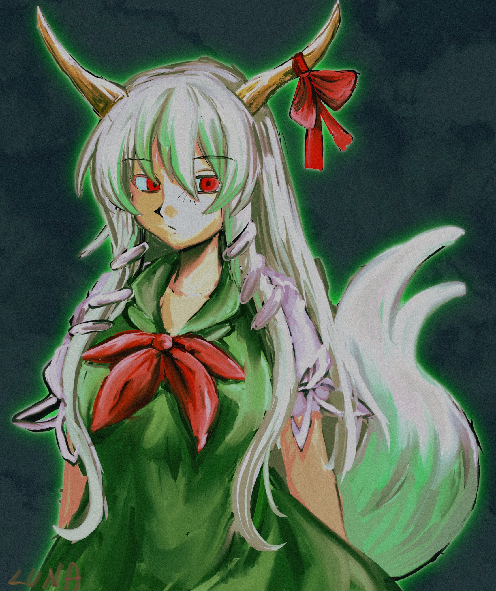 yuuki (yuk), ex-keine, kamishirasawa keine, touhou, highres, 1girl, alternate form, artist name, black background, bow, breasts, closed mouth, collarbone, cowboy shot, dress, green dress, green hair, hair between eyes, horn bow, horn ornament, horns, large breasts, long hair, looking at viewer, multicolored hair, neckerchief, official alternate color, puffy short sleeves, puffy sleeves, red bow, red eyes, red neckerchief, sailor collar, shirt, short sleeves, sidelocks, simple background, solo, standing, tail, two-tone hair, white hair, white shirt