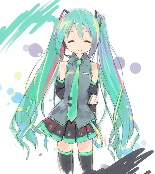 kuroba u, hatsune miku, vocaloid, 1girl, aqua hair, arms behind back, closed eyes, female focus, long hair, solo, thighhighs, twintails, very long hair