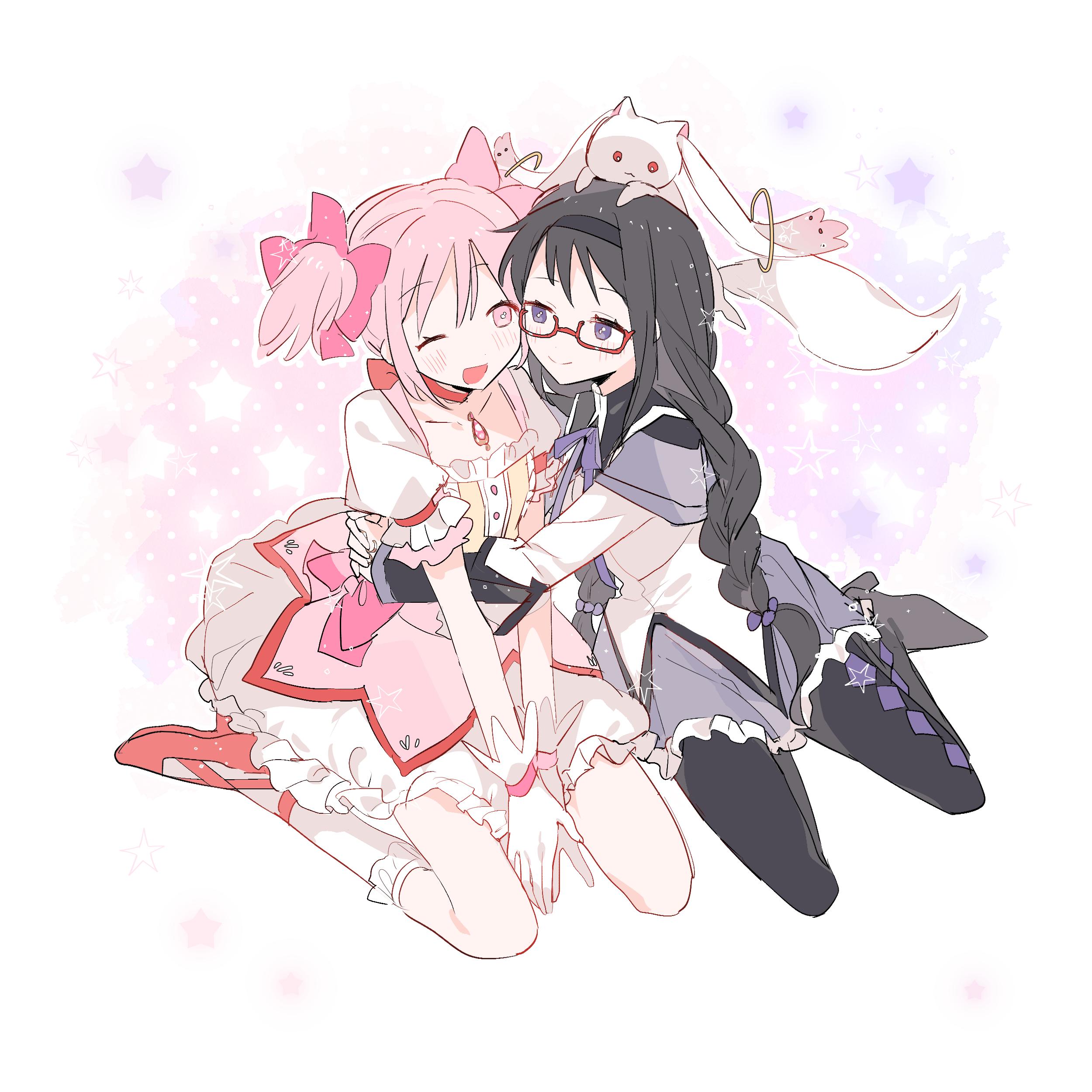 pipi o (pipioo08), akemi homura, akemi homura (magical girl), kaname madoka, kaname madoka (magical girl), kyubey, mahou shoujo madoka magica, mahou shoujo madoka magica (anime), absurdres, commentary, highres, 2girls, argyle clothes, argyle pantyhose, black hair, black hairband, black pantyhose, bow, braid, collarbone, couple, creature on head, dress, frilled dress, frills, full body, glasses, gloves, hair bow, hairband, hug, long hair, looking at another, magical girl, multiple girls, one eye closed, own hands together, pantyhose, pink hair, puffy short sleeves, puffy sleeves, purple eyes, red-framed eyewear, red shoes, shoes, short sleeves, short twintails, sitting, twin braids, twintails, white gloves, yuri