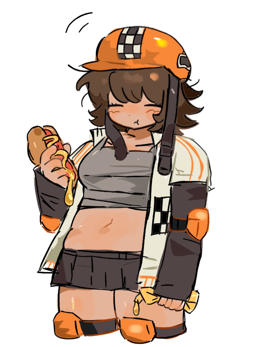 q622130598, roblox, commentary request, highres, 1girl, black skirt, closed eyes, closed mouth, cowboy shot, die of death, eating, elbow pads, grey tank top, helmet, hot dog, hotdog (die of death), jacket, knee pads, mustard, mustard bottle, orange helmet, pleated skirt, plump, simple background, skirt, solo, tank top, white background, white jacket