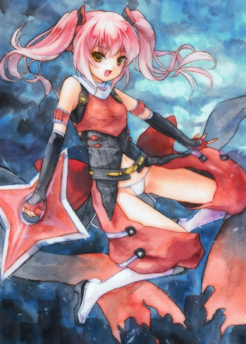 geroro, shihoudou narika, choukou (alicesoft), choukou sennin haruka, bad id, bad pixiv id, 00s, 1girl, elbow gloves, female focus, gloves, long hair, panties, pink hair, solo, twintails, underwear, white panties, yellow eyes