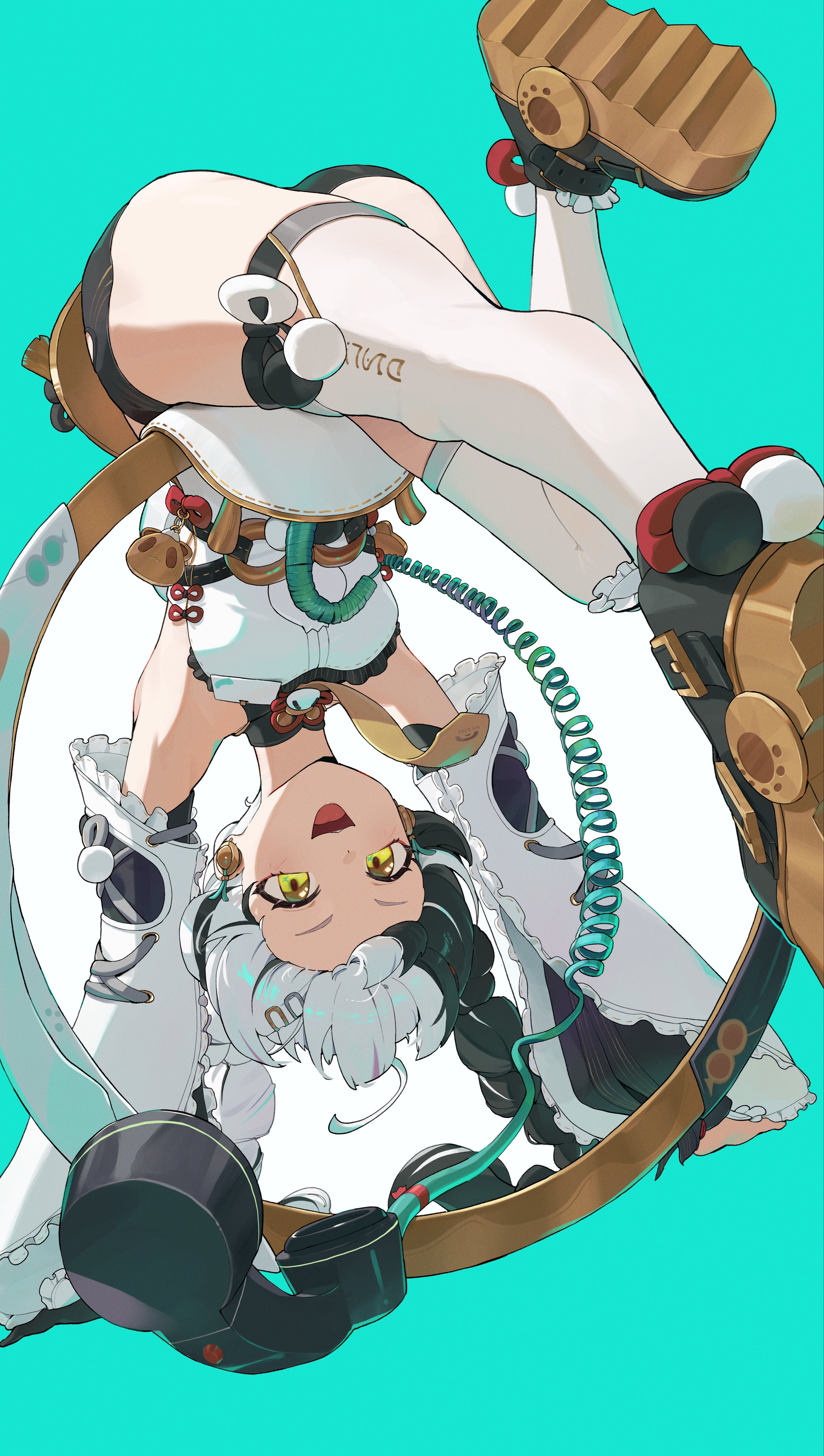 odd (hin yari), dialyn (zenless zone zero), zenless zone zero, absurdres, commentary request, highres, 1girl, ahoge, armpits, bare shoulders, black hair, black shoes, black shorts, blue background, braid, braided twintails, chakram, china dress, chinese clothes, corded phone, detached sleeves, dress, earrings, hair ornament, hairclip, id card, jewelry, long hair, multicolored hair, necktie, open mouth, phone, shoes, shorts, solo, split-color hair, thighhighs, upside-down, weapon, white hair, white thighhighs, wire, yellow eyes, yellow necktie