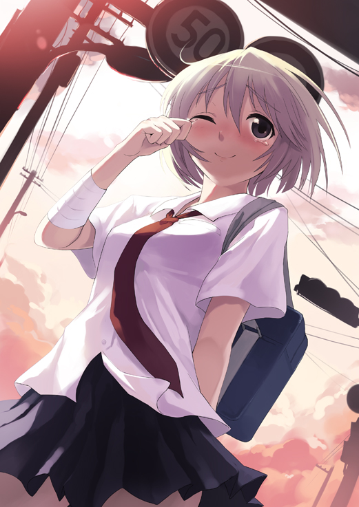 oryo (oryo04), original, bookbag, bad id, bad pixiv id, bag, bandages, blush, grey eyes, necktie, one eye closed, pinching, power lines, school uniform, short hair, smile, solo, tears, traffic light, white hair, wink