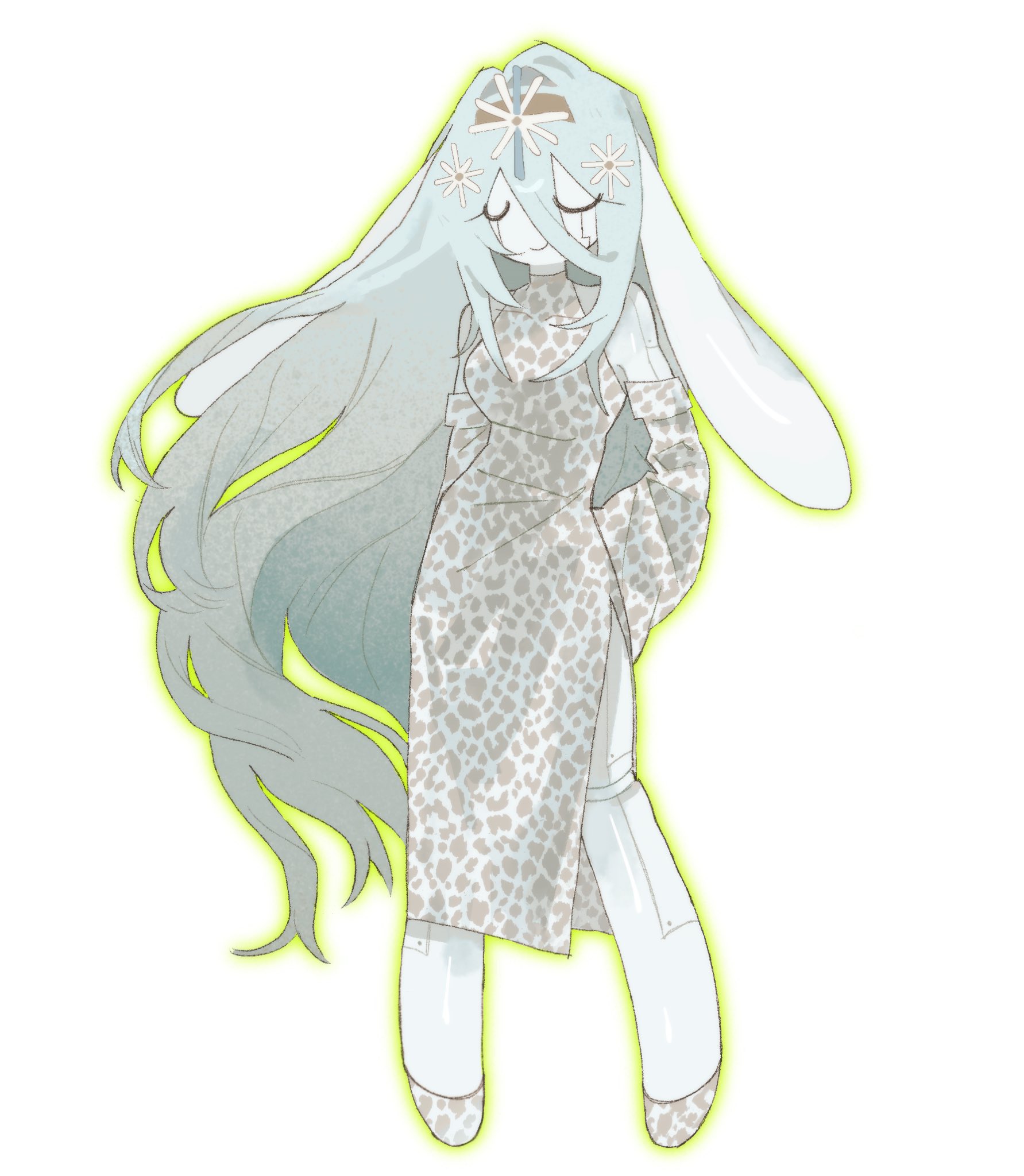 fish 193, eunoia (frozen soul), frozen soul, roblox, commentary, english commentary, highres, 1girl, android, animal ears, bare shoulders, blue hair, closed eyes, closed mouth, detached sleeves, dress, facial mark, floppy ears, full body, hair between eyes, joints, long hair, rabbit ears, robot joints, seams, shoes, side slit, sidelocks, simple background, smile, solo, very long hair, white background, white dress, white shoes