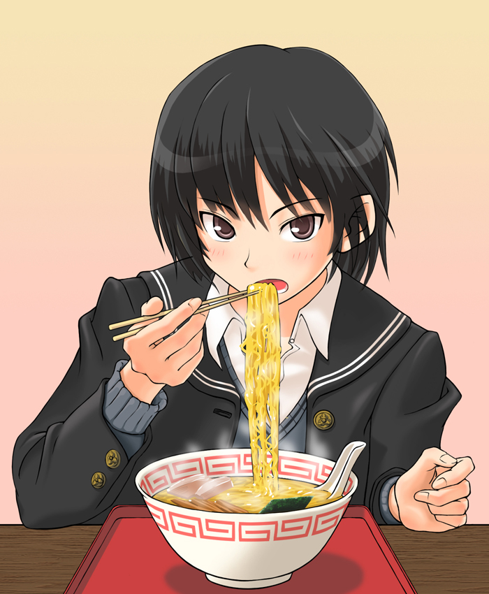 argon (argon18), nanasaki ai, amagami, 1girl, black hair, bowl, chopsticks, eating, female focus, food, meandros, meat, noodles, nori (seaweed), ramen, school uniform, short hair, solo, steam
