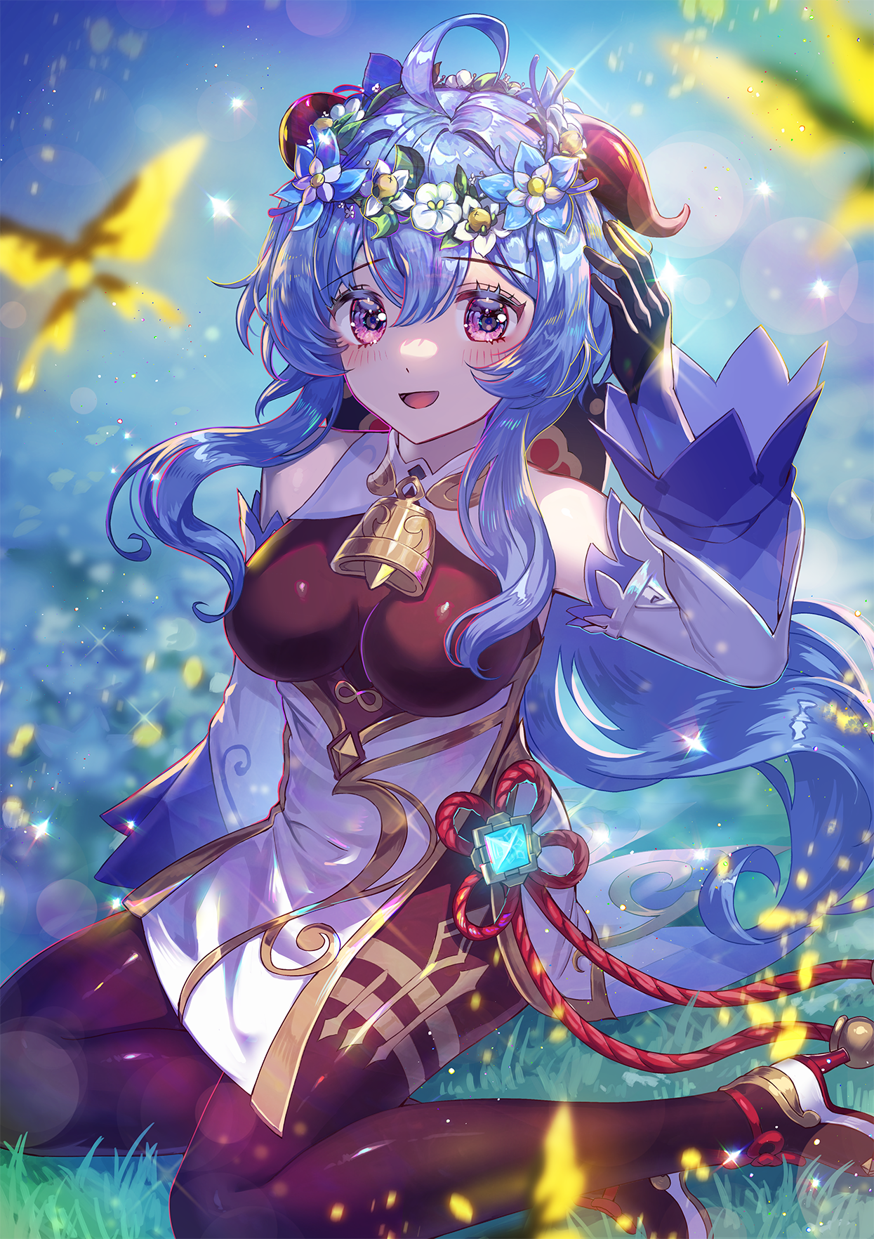 kozou kazaru, ganyu (genshin impact), genshin impact, black bodystocking, commentary request, highres, 1girl, ahoge, bell, black pantyhose, blue hair, blue sleeves, blurry, blurry background, blush, bodystocking, breasts, cowbell, detached sleeves, flower, flower wreath, goat girl, goat horns, hair flower, hair ornament, head wreath, horns, long sleeves, looking at viewer, medium breasts, neck bell, open mouth, pantyhose, pelvic curtain, purple eyes, sitting, smile, vision (genshin impact), white flower, wide sleeves, yokozuwari