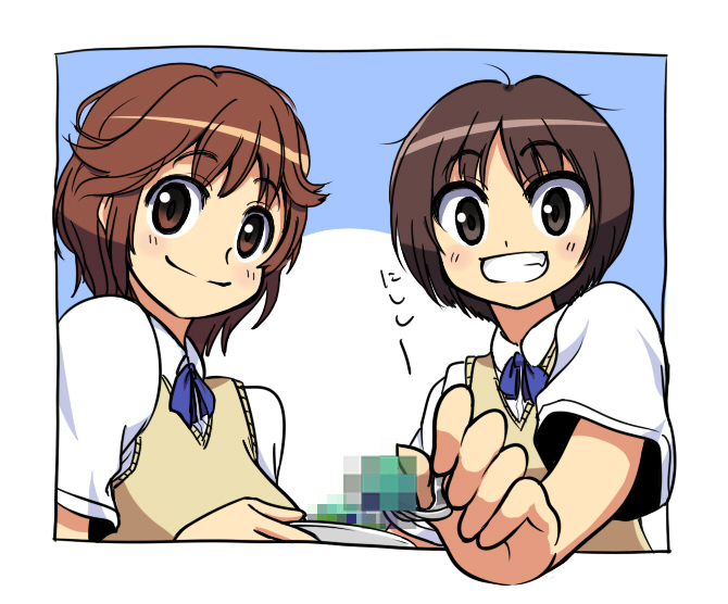 yonayo, sakurai rihoko, tachibana miya, amagami, 2girls, brown eyes, brown hair, censored, censored food, fake censor, foreshortening, grin, multiple girls, school uniform, short hair, smile