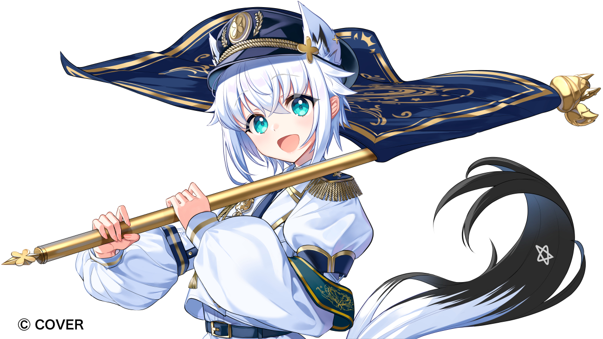 momone cco, shirakami fubuki, hololive, commentary request, official art, 1girl, :d, aiguillette, animal ears, aqua eyes, belt, black hat, blue belt, blue necktie, copyright name, epaulettes, flag, flagpole, fox ears, fox girl, fox tail, frilled skirt, frills, gold trim, hat, holding, holding flag, jacket, layered sleeves, long sleeves, looking at viewer, necktie, open mouth, peaked cap, pentagram, puffy long sleeves, puffy short sleeves, puffy sleeves, shirt, short hair, short over long sleeves, short sleeves, simple background, skirt, smile, tail, virtual youtuber, white background, white hair, white jacket, white shirt, white skirt