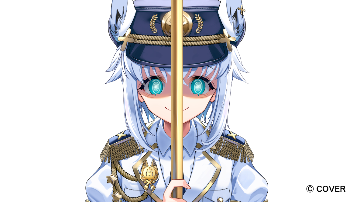 momone cco, shirakami fubuki, hololive, commentary request, official art, 1girl, @ @, aiguillette, animal ears, aqua eyes, black hat, blue necktie, copyright name, epaulettes, fox ears, fox girl, fox tail, glowing, glowing eyes, gold trim, hat, holding, jacket, long sleeves, looking at viewer, necktie, peaked cap, puffy short sleeves, puffy sleeves, shaded face, shirt, short hair, short sleeves, simple background, smile, tail, virtual youtuber, white background, white hair, white jacket, white shirt