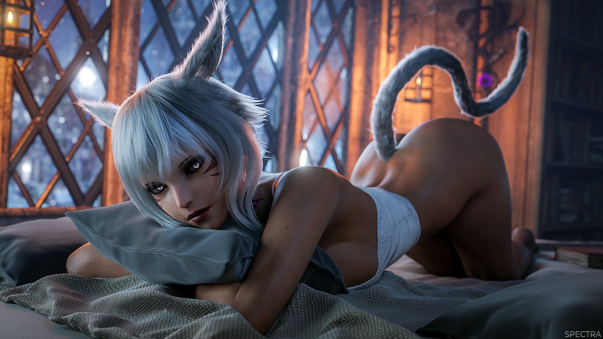 spectra 3d, y'shtola rhul, final fantasy, final fantasy xiv, blender (medium), highres, 1girl, 3d, animal ears, ass, bed, bottomless, breasts, cat ears, cat girl, cat tail, dark-skinned female, dark skin, facial mark, indoors, looking at viewer, lying, pillow, sideboob, tail