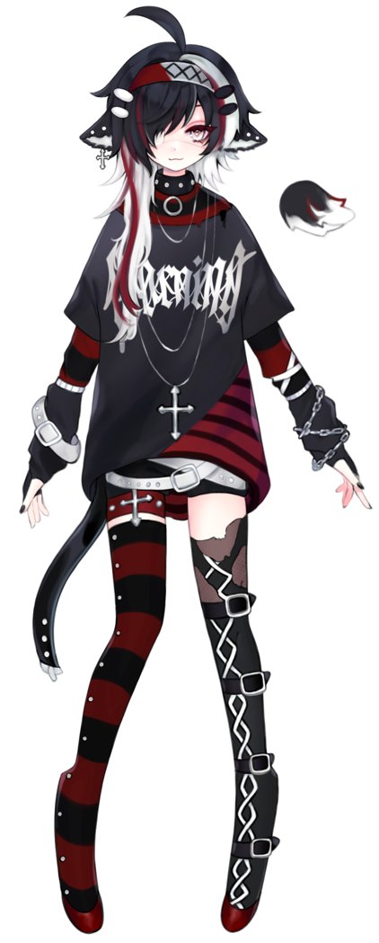 cloud (lufaeris), original, commentary, english commentary, 1girl, ahoge, animal ears, asymmetrical legwear, belt, belt buckle, black arm warmers, black hair, black shirt, black thighhighs, buckle, closed mouth, cross, cross necklace, full body, grey eyes, hair over one eye, jewelry, long hair, long sleeves, looking at viewer, multicolored hair, necklace, one eye covered, shirt, simple background, smile, solo, streaked hair, striped clothes, striped shirt, striped thighhighs, thighhighs, white background, white belt