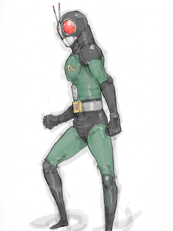 kyuraa (kyura9een), kamen rider black rx, kamen rider, kamen rider black rx (series), 1boy, antennae, belt, black gloves, bodysuit, buckle, clenched hands, elbow gloves, gloves, headphones, helmet, male focus, masked rider, simple background, solo, standing, white background