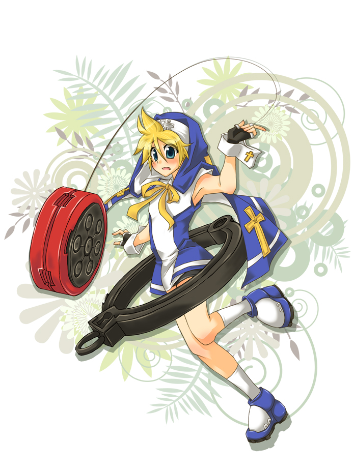 domoki kenji, bridget (guilty gear), kagamine len, arc system works, guilty gear, guilty gear xx, vocaloid, 1boy, aqua eyes, blonde hair, bridget (guilty gear) (cosplay), cosplay, crossdressing, crossdressing (mtf), fingerless gloves, gloves, look-alike, male focus, nun, socks, solo, trap, yo-yo