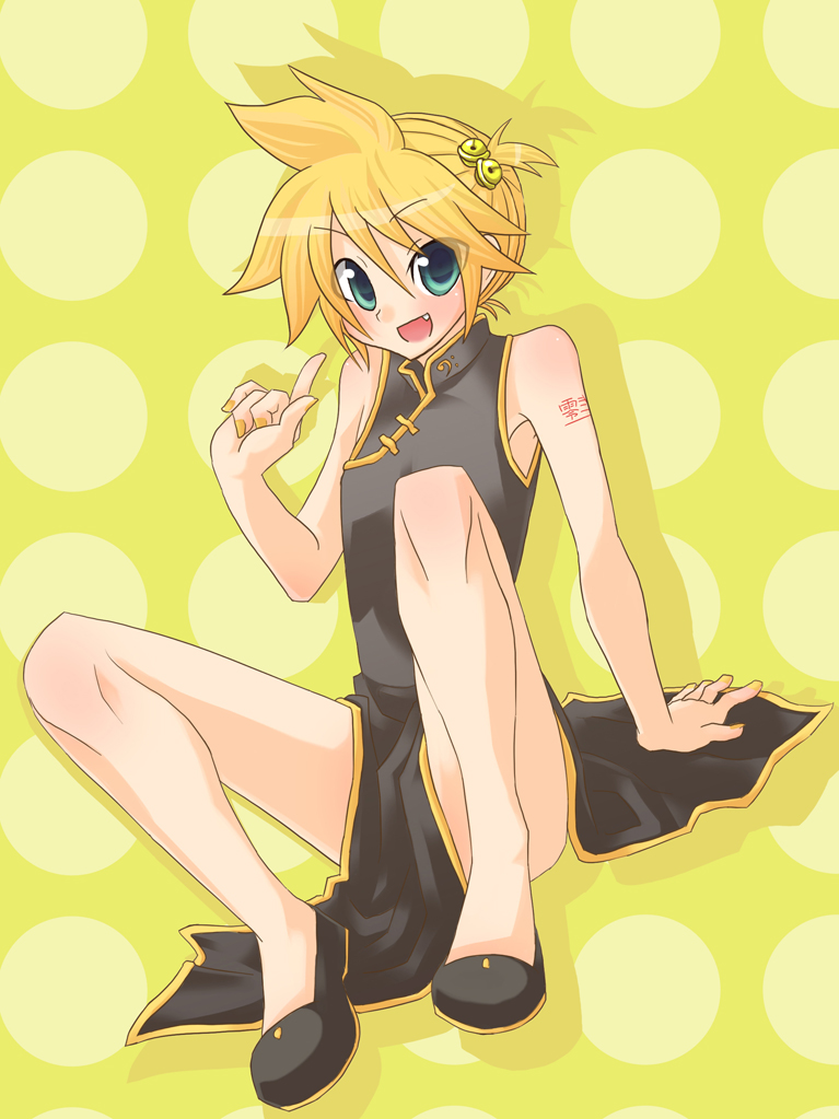 domoki kenji, kagamine len, vocaloid, 1boy, aqua eyes, bell, between thighs, blonde hair, china dress, chinese clothes, crossdressing, crossdressing (mtf), dress, dutch angle, fang, full body, hair bell, hair ornament, jingle bell, male focus, nail polish, open mouth, pointing, reclining, shadow, smile, solo, tattoo, thighs, trap