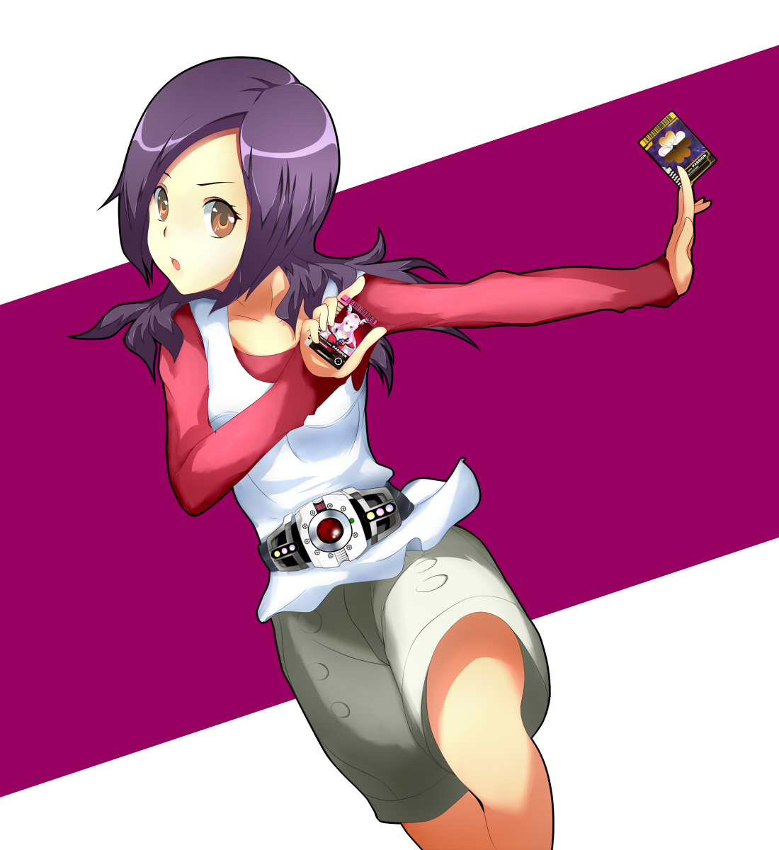 kani get, cure passion, higashi setsuna, fresh precure!, kamen rider, kamen rider dcd, precure, highres, 1girl, belt, brown eyes, card, female focus, holding, holding card, magical girl, parody, purple hair, solo