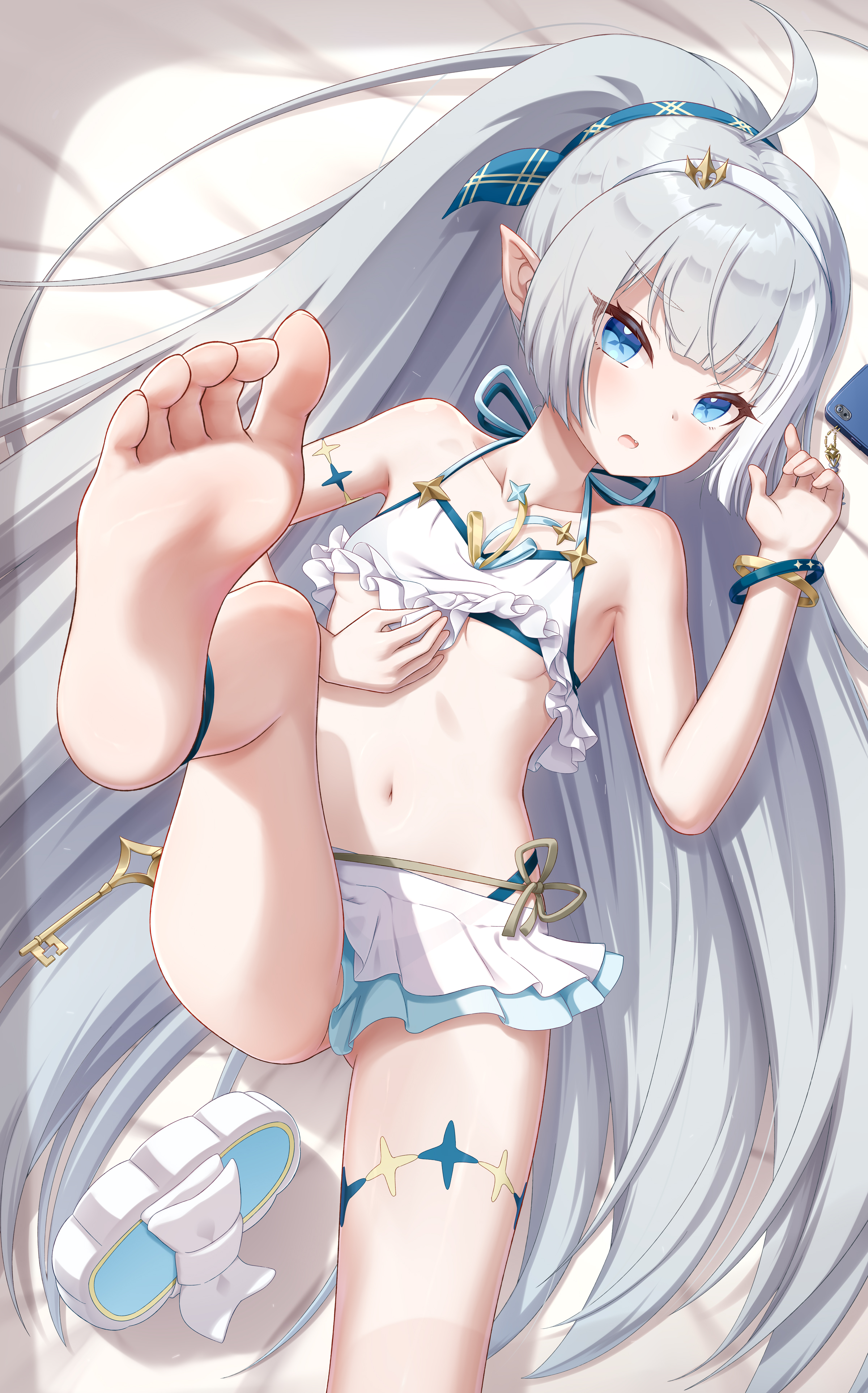 gplnbeat, female tyrant (stella sora), tyrant (stella sora), stella sora, absurdres, commentary request, highres, 1girl, barefoot, bikini, blue eyes, feet, long hair, navel, pointy ears, soles, solo, swimsuit, toes