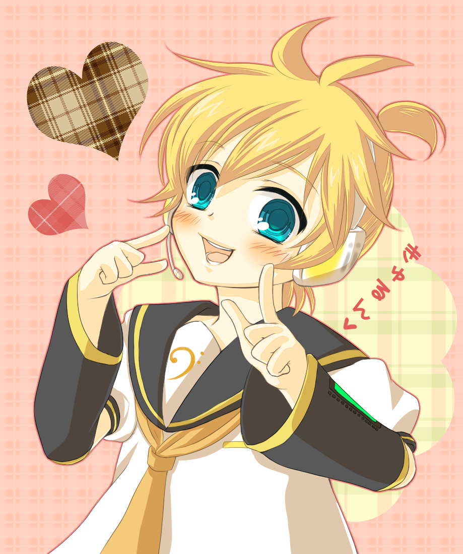 mukkun, kagamine len, vocaloid, bad id, bad pixiv id, 1boy, aqua eyes, blonde hair, detached sleeves, headset, heart, male focus, nail polish, necktie, open mouth, school uniform, serafuku, smile, solo, yellow necktie