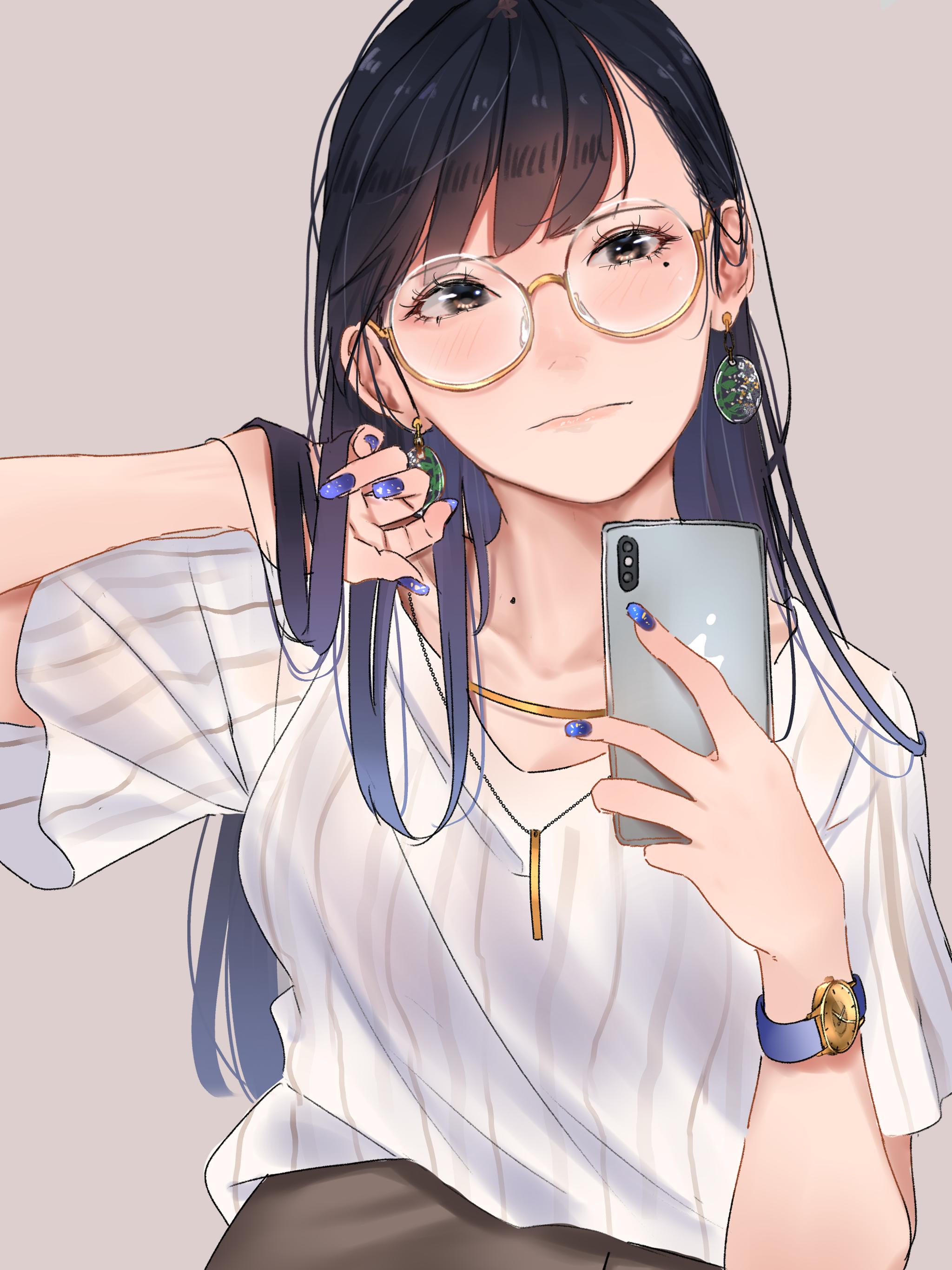 saitou (lynx-shrike), original, absurdres, commentary, highres, 1girl, adjusting hair, black hair, blue hair, blue nails, blush, breasts, cellphone, closed mouth, earrings, fingernails, floating earrings, glasses, glitter, gold earrings, gold necklace, gradient hair, grey background, grey skirt, hand up, head tilt, holding, holding phone, jewelry, long fingernails, long hair, looking at viewer, medium breasts, mole, mole on neck, mole under eye, multicolored hair, nail polish, necklace, office lady, phone, purple eyes, round eyewear, semi-rimless eyewear, shirt, short sleeves, simple background, skirt, smartphone, solo, striped clothes, striped shirt, under-rim eyewear, upper body, vertical-striped clothes, vertical-striped shirt, watch, white shirt, wristwatch, yellow-framed eyewear