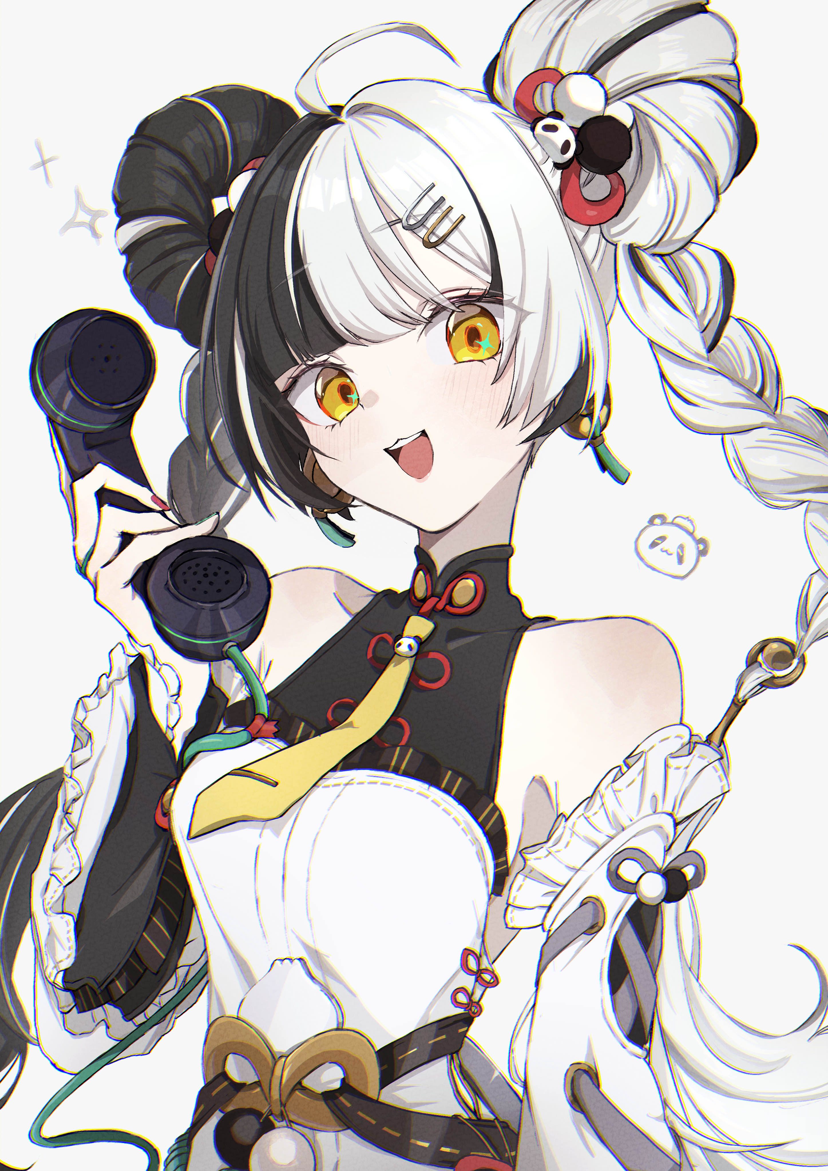 99noe honoka, dialyn (zenless zone zero), zenless zone zero, absurdres, commentary request, highres, 1girl, ahoge, bare shoulders, black hair, blush, braid, braided twintails, china dress, chinese clothes, collarbone, corded phone, detached sleeves, double bun, dress, earrings, hair bun, hair extensions, hair intakes, hair ornament, hairclip, holding, holding phone, jewelry, long hair, looking at viewer, multicolored hair, necktie, open mouth, panda hair ornament, phone, red nails, ring hair extensions, simple background, solo, sparkle, sparkling eyes, split-color hair, upper body, white background, white dress, white hair, wire, yellow eyes, yellow necktie