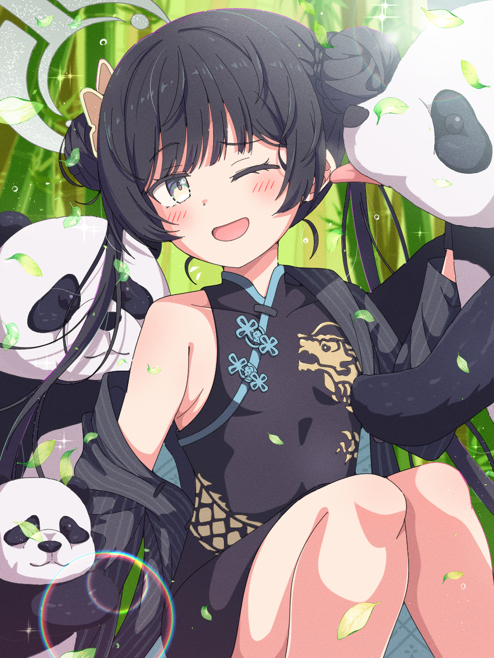 mikoshi (user wvyd4348), kisaki (blue archive), blue archive, commentary request, highres, 1girl, black hair, china dress, chinese clothes, double bun, dress, ear licking, hair bun, halo, licking, one eye closed, panda, twintails