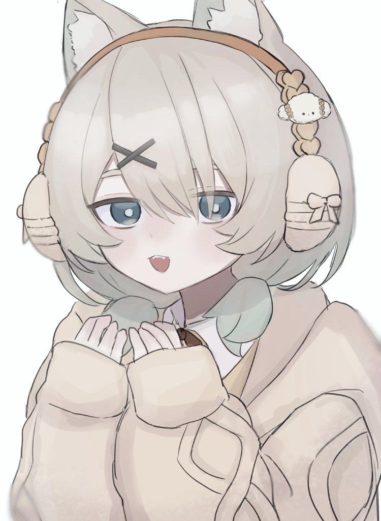 maga mitsuki, indie virtual youtuber, hashtag-only commentary, 1girl, alternate costume, animal ear fluff, animal ears, arazan (ara arazan24), blonde hair, brown cardigan, cardigan, earmuffs, fangs, green eyes, hair ornament, hairclip, hands up, hood, hooded cardigan, low-tied medium hair, low twintails, open mouth, puffy sleeves, short twintails, simple background, sleeves past wrists, solo, twintails, upper body, virtual youtuber, white background, wolf ears, wolf girl