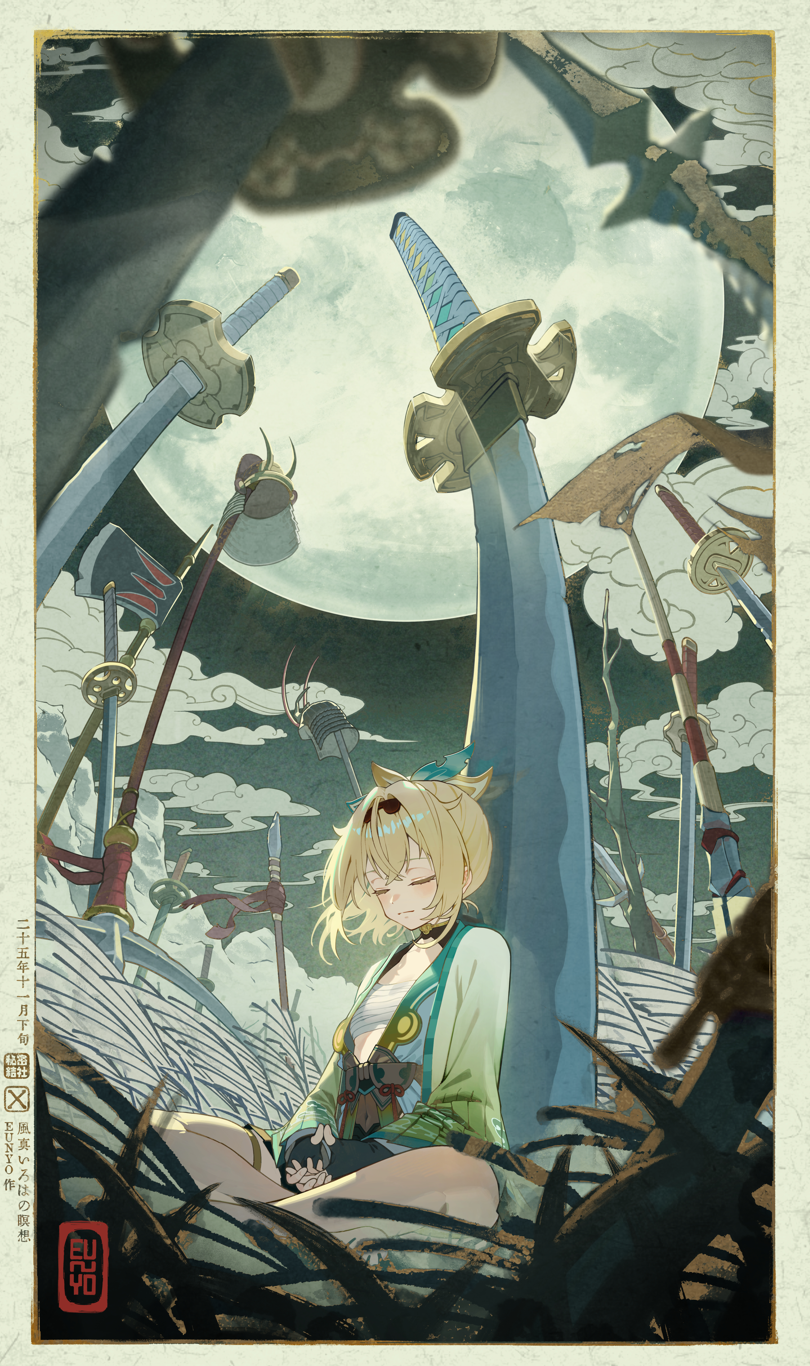 eun yo, kazama iroha, kazama iroha (1st costume), hololive, absurdres, commentary request, highres, 1girl, black gloves, black hairband, black shrug, blonde hair, bow, breasts, chest sarashi, closed mouth, crossed bangs, double-parted bangs, field, field of blades, fingerless gloves, gloves, hair between eyes, hair bow, hairband, hakama, hakama short skirt, hakama skirt, haori, huge moon, indian style, japanese clothes, katana, moon, night, outdoors, planted, planted polearm, planted sword, planted weapon, polearm, ponytail, sarashi, short hair, shrug (clothing), sitting, skirt, small breasts, solo, sword, virtual youtuber, weapon, yellow haori